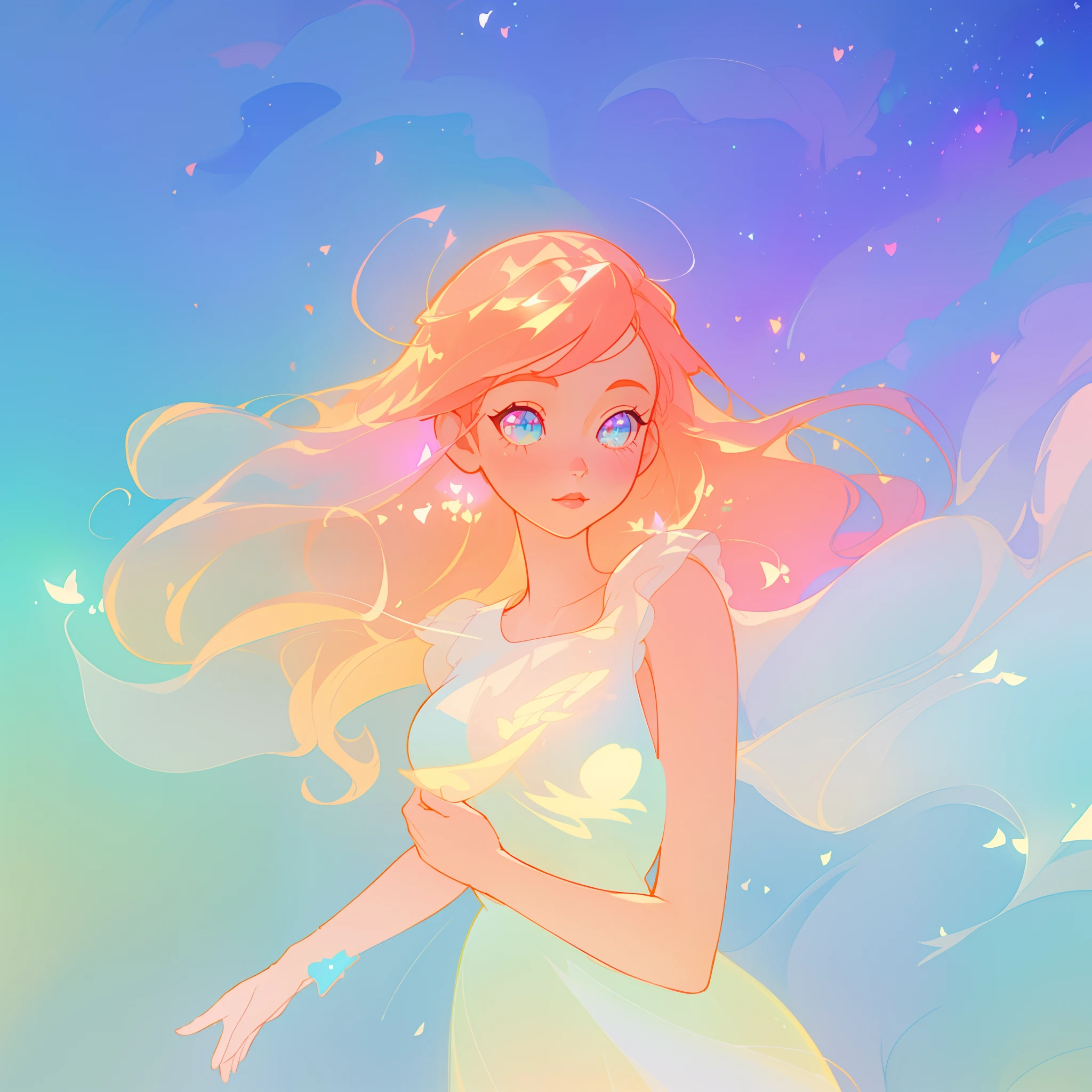 beautiful girl in flowing white dress, vibrant pastel colors, (colorful), magical lights, long flowing colorful peach hair, inspired by Glen Keane, inspired by Lois van Baarle, disney art style, by Lois van Baarle, glowing aura around her, by Glen Keane, jen bartel, glowing lights! digital painting, flowing glowing hair, glowing flowing hair, beautiful digital illustration, fantasia background, whimsical, magical, fantasy, beautiful face, ((masterpiece, best quality)), intricate details, highly detailed, sharp focus, 8k resolution, sparkling detailed eyes, liquid watercolor