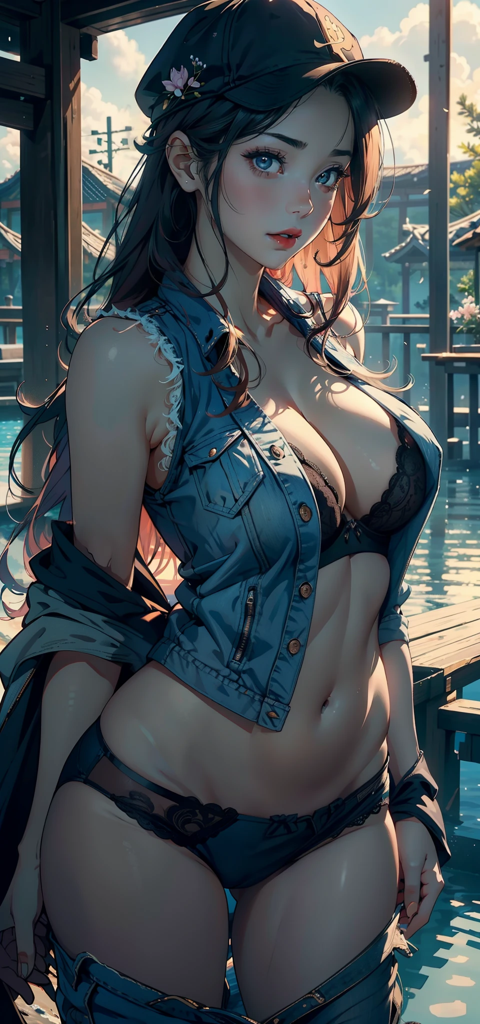 1female,45 yers old,Married Woman,熟妇,plumw,extremely large bosom, 独奏,(Background with:ponds,Cherry blossom forest,lotus flower)standing underwater, She has long pink hair,seen from the front,, mostly cloudy sky,(((tmasterpiece),(Very detailed CG unity 8K wallpaper),best qualtiy,cinmatic lighting,detailed back ground,beatiful detailed eyes,Bright pupils,Black eyes,Snow-whiteskin,Redlip(Very fine and beautiful),(Beautiful and detailed eye description),ultra - detailed,tmasterpiece,))facing at camera,A high resolution,ultra - detailed),revealing breasts,Bare genitalia, Bulge,legs are open,Raised sexy,Camel toes,Desire for dissatisfaction,frontage,(Wearing:Blue denim vest,Bare,black lace cleavage underwear,nakeness,baseball cap )