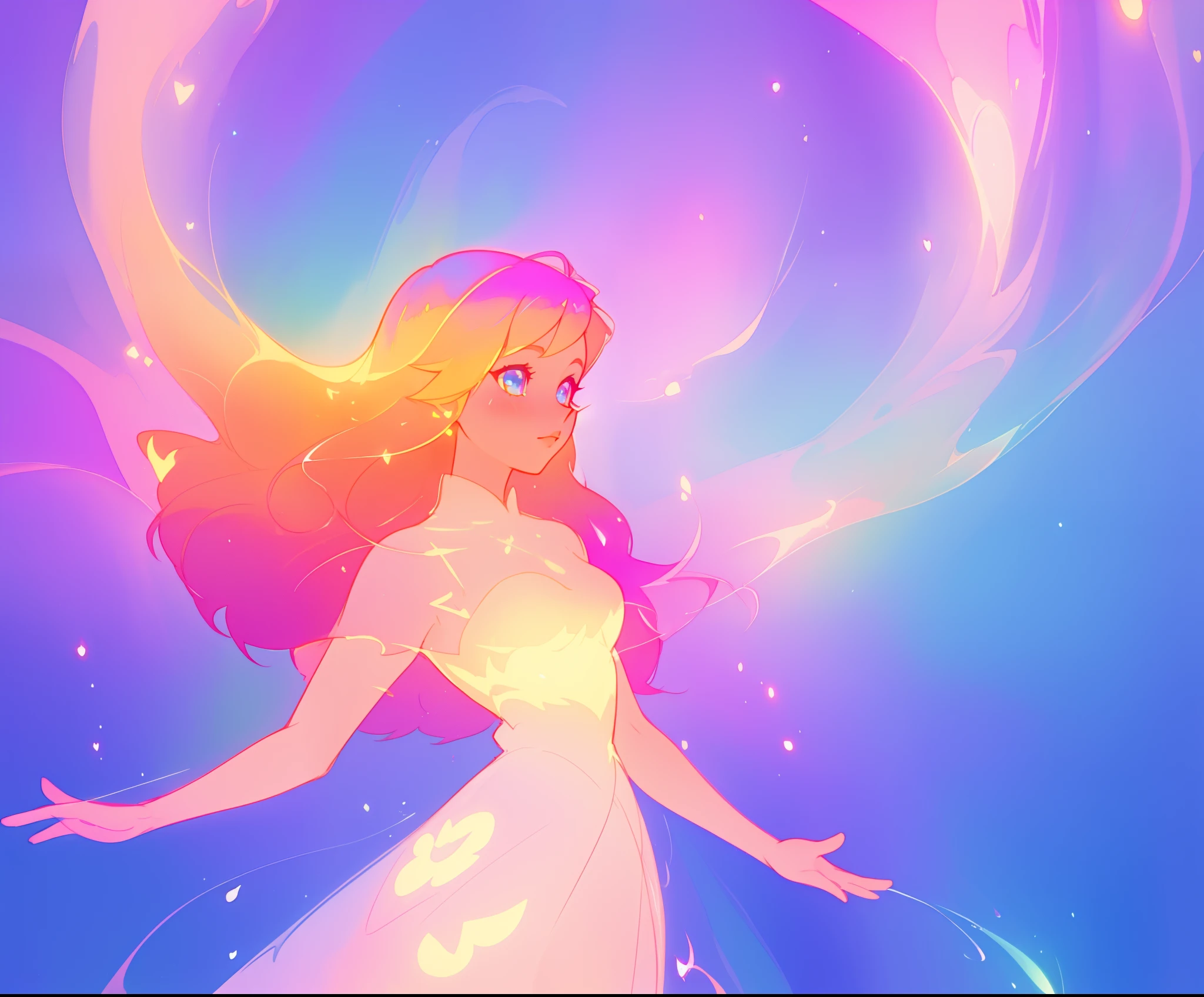 beautiful anime girl in colorful ballgown, vibrant pastel colors, (colorful), magical lights, sparkling liquid light, inspired by Glen Keane, inspired by Lois van Baarle, disney art style, by Lois van Baarle, glowing aura around her, by Glen Keane, jen bartel, glowing lights! digital painting, flowing glowing hair, glowing flowing hair, beautiful digital illustration, fantasia background, whimsical, magical, fantasy, beautiful face, ((masterpiece, best quality)), intricate details, highly detailed, sharp focus, 8k resolution, sparkling detailed eyes, liquid watercolor