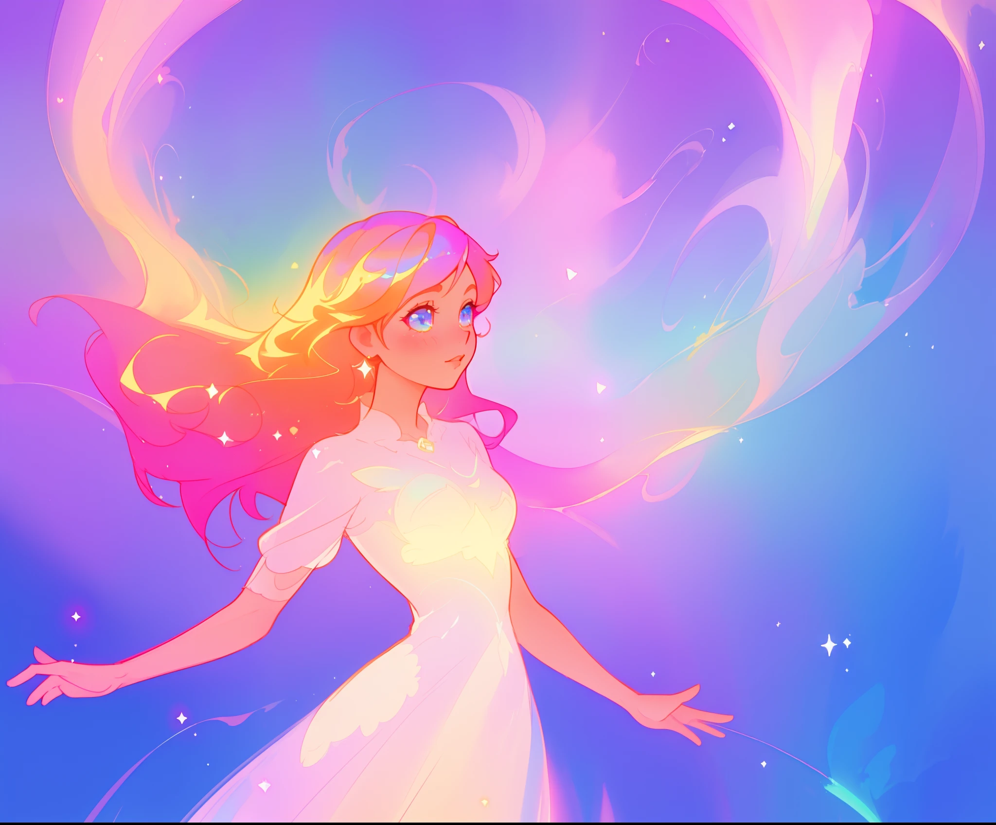 beautiful anime girl in colorful ballgown, vibrant pastel colors, (colorful), magical lights, sparkling liquid light, inspired by Glen Keane, inspired by Lois van Baarle, disney art style, by Lois van Baarle, glowing aura around her, by Glen Keane, jen bartel, glowing lights! digital painting, flowing glowing hair, glowing flowing hair, beautiful digital illustration, fantasia background, whimsical, magical, fantasy, beautiful face, ((masterpiece, best quality)), intricate details, highly detailed, sharp focus, 8k resolution, sparkling detailed eyes, liquid watercolor