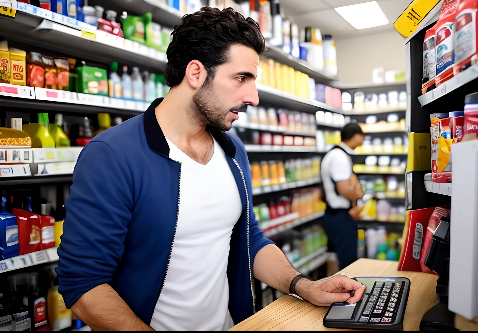 An Italian guy getting a call from a telemarketer while working at a bodega. The telemarketer has asked him what are you talking about. And he is replying what are you talking about. This is a backup fourth that will repeat forever. The guy should be so upset That his soul separates from his body