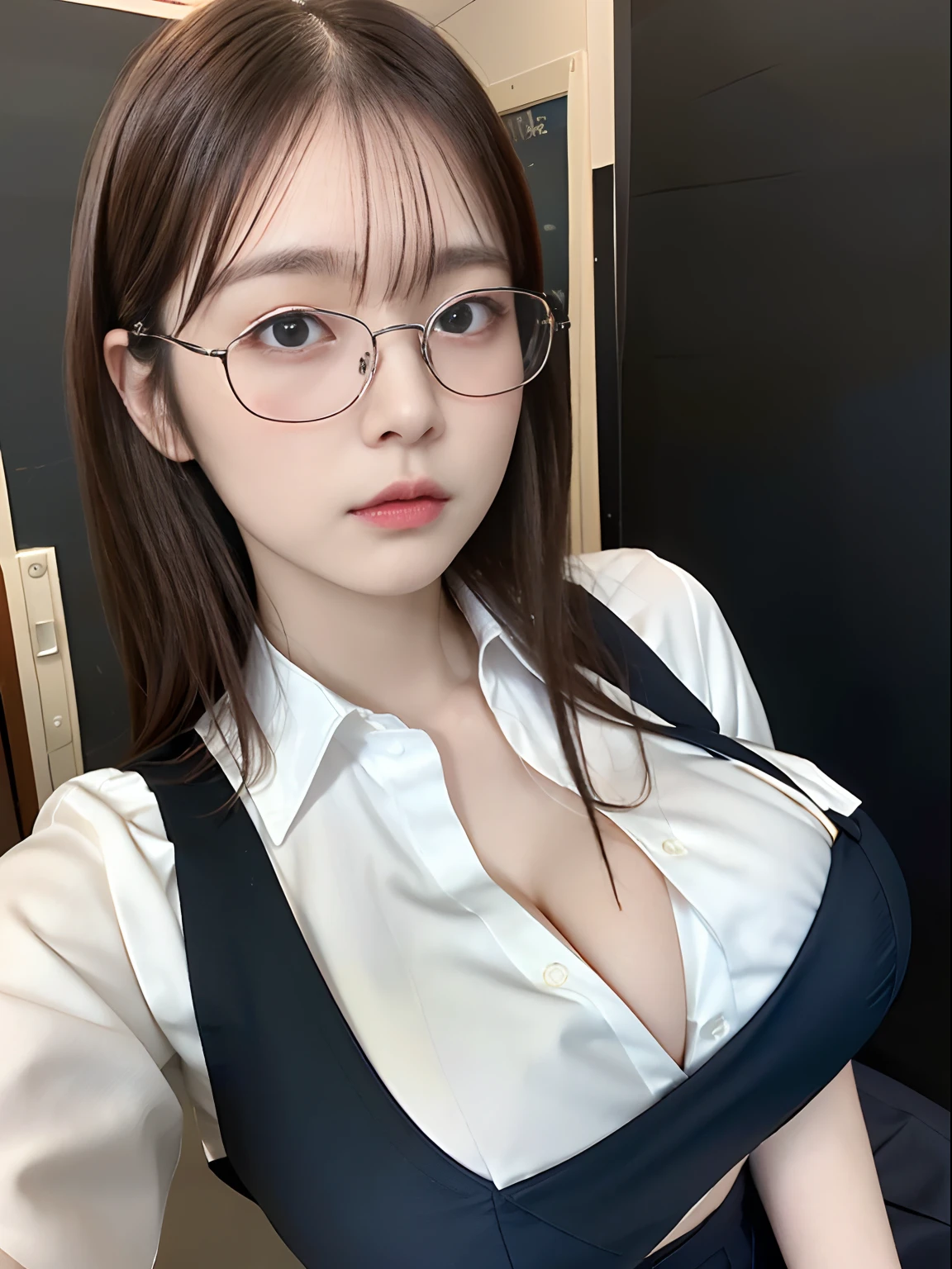 (Best Quality),(4K),(in 8K),(hight resolution),(masutepiece:1.2),(top-quality),(Top image quality),cute little,Female college student,home tutor,Unsupervised,home visit,20yr old,Home,Black jacket,White Y-shirt,Brown hair semi-long,Big breasts,a black skirt、(Wearing glasses,)The chest is open,Buttoned shirt、Unbuttoned、Black bra、Wear glasses、Slouched