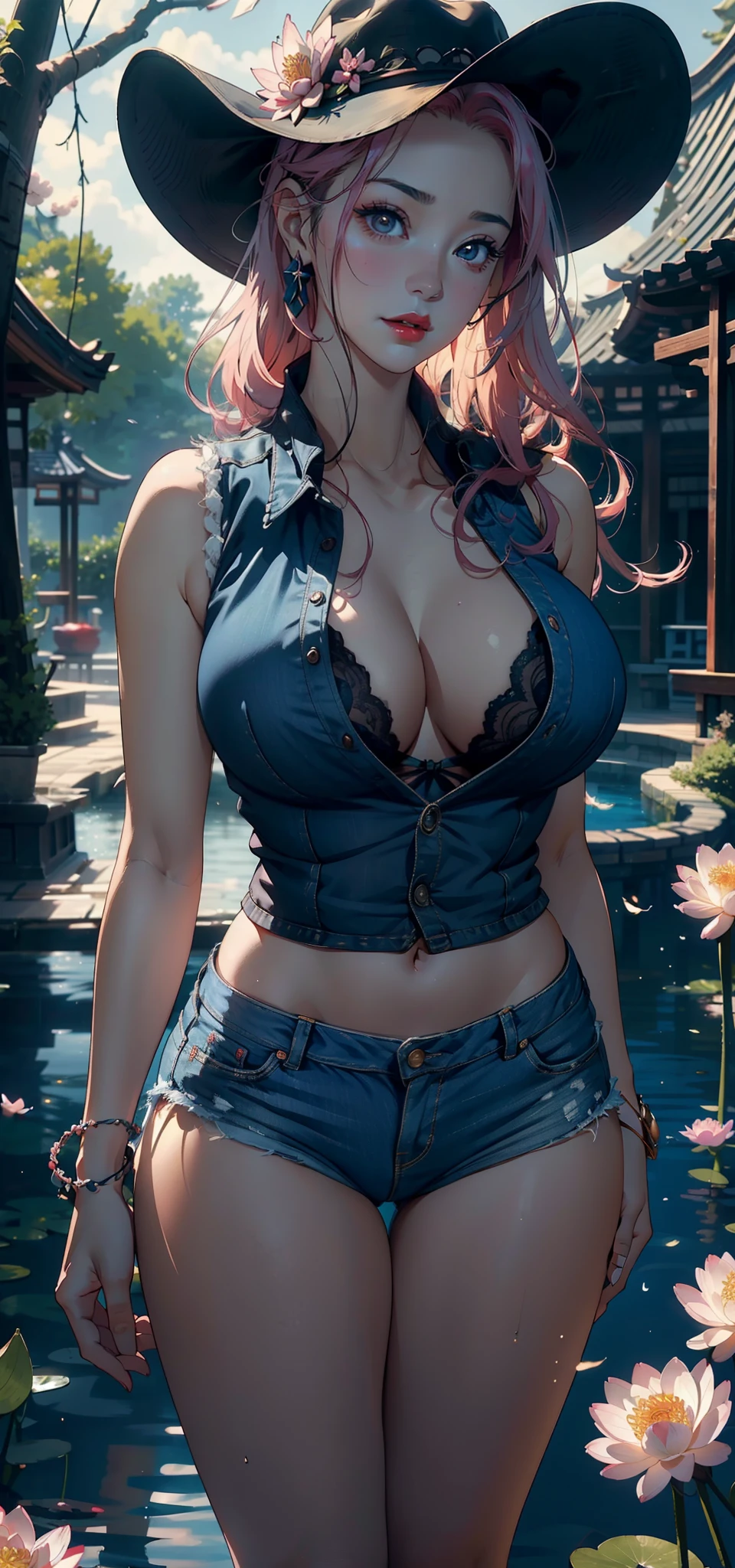 1female，45 yers old，Married Woman，熟妇，plumw，extremely large bosom， 独奏，（Background with：ponds，Cherry blossom forest，lotus flower）standing underwater， She has long pink hair，seen from the front，， mostly cloudy sky，（（（tmasterpiece），（Very detailed CG unity 8K wallpaper），best qualtiy，cinmatic lighting，detailed back ground，beatiful detailed eyes，Bright pupils，Black eyes，Snow-whiteskin，Redlip（Very fine and beautiful），（Beautiful and detailed eye description），ultra - detailed，tmasterpiece，））facing at camera，A high resolution，ultra - detailed），revealing breasts，Bare genitalia，  Bulge，legs are open，Raised sexy，Camel toes，Desire for dissatisfaction，frontage，（Wearing：Blue denim vest，Bare，black lace cleavage underwear，nakeness，cowboy hat ）