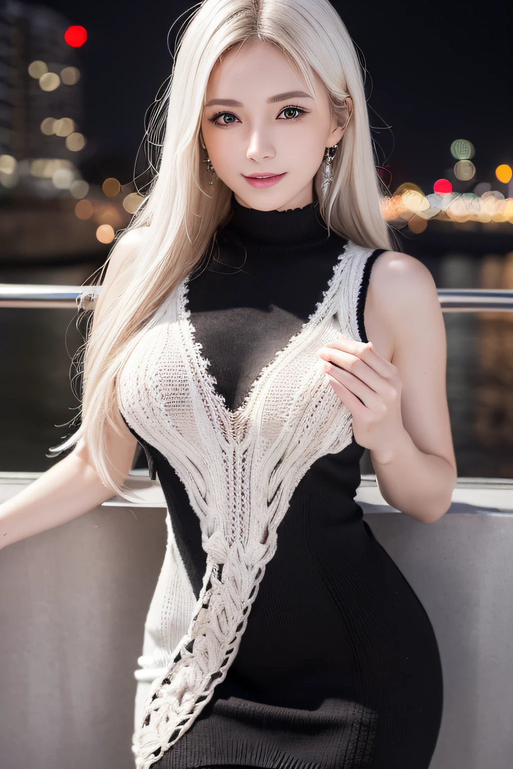 (8K, Raw photo, Photorealistic:1.25), masutepiece, Best Quality, Illustration, Ultra-detailed, delicate detail, hight resolution, 8K Wallpaper, Perfect dynamic composition, Beautiful detailed eyes, Natural Lip, (Sexy and、Fashionable knitted dresses Black knitted dresses:1.3), (((Huge breasts :1.2, ))), cleavage, perfect glossy skin, prefect skin, (((dazzling white skin))), moist lips,、full body Esbian、spreading legs、A smile、background is city at night、
