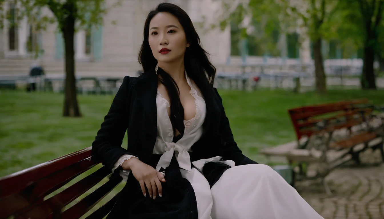 female pervert,30 age old,Sexy body,plumw,The neckline opens,Seductive eyes,Chinese big breasts,On a bench in the park,dressed in a black coat,white under lingerie,Bare chest,Cinema lenses,high detal,streetview,morningglow,Colorful shades,Front view,The upper part of the body