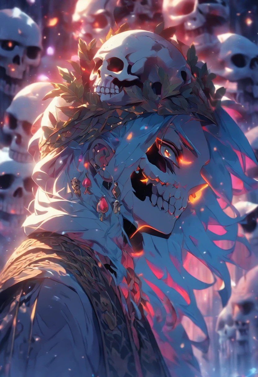(((Half face skull))) best quality, very high resolution, detailed CG in 4K, masterpiece, Norse mythology, HEL, trees in the background, Scandinavia, standing pose, crocodile head, Norse clothing, northern city ,snow, ((Goddess of the dead)), aesthetic, beautiful image, centered on screen, standing pose