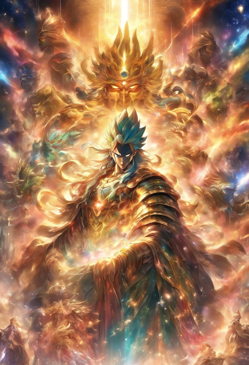 An imposing god of the galaxy seated on a magnificent throne, their face concealed by an intricate mask. The god exudes immense power with a muscular physique and a unique, captivating appearance. The camera zooms in, focusing on the god's majestic body, highlighting their presence and grandeur. --s 150 --ar 1:1 --c 5 --UHD --niji 5
