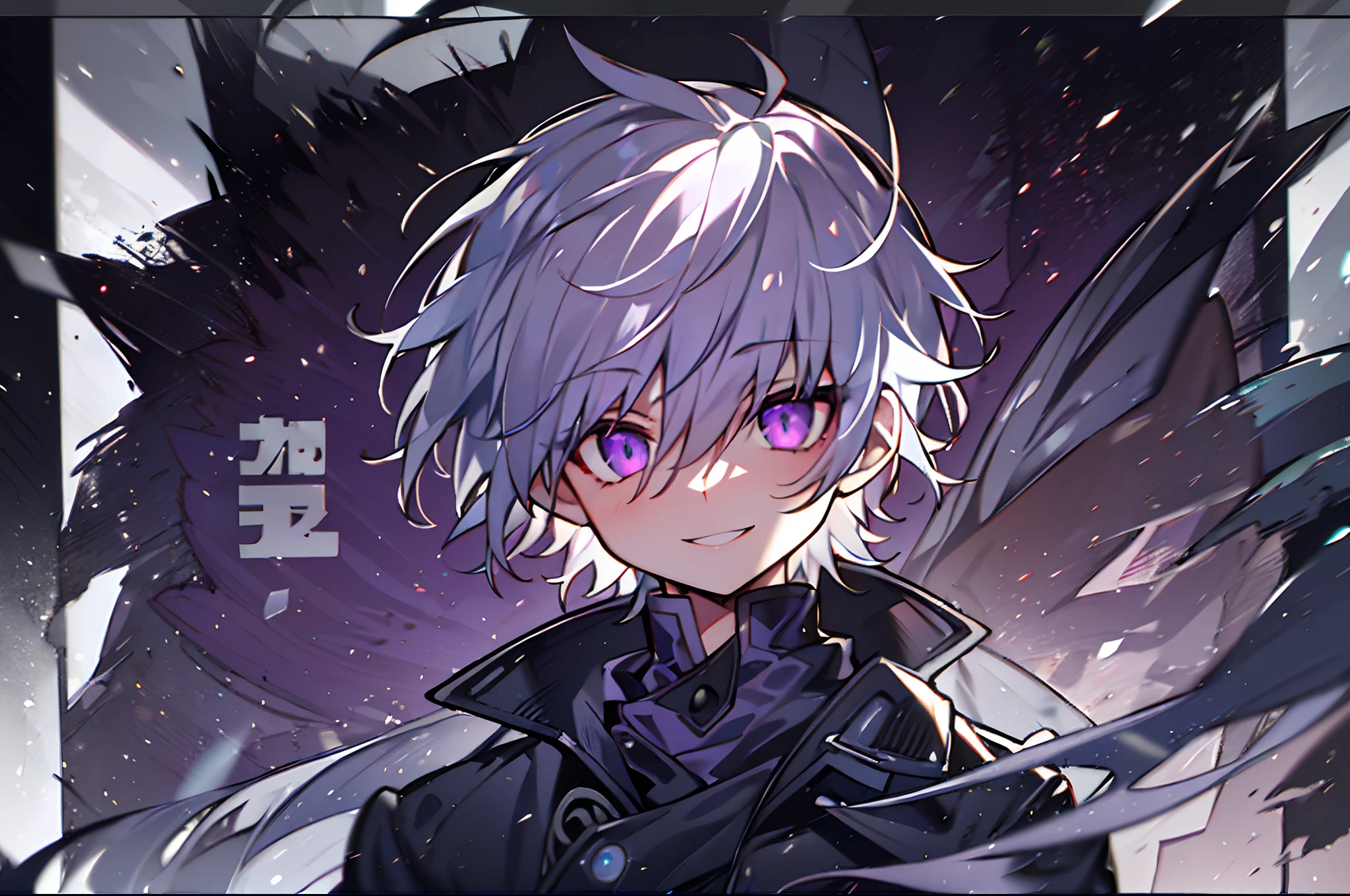 One Boy、hight resolution,close range、Anime boy with white hair and purple eyes、 shining purple eyes、slim、Shadow Body、de pele branca、monochromes、hair messy、Sharp eyes、Black coat、Aggressive smile