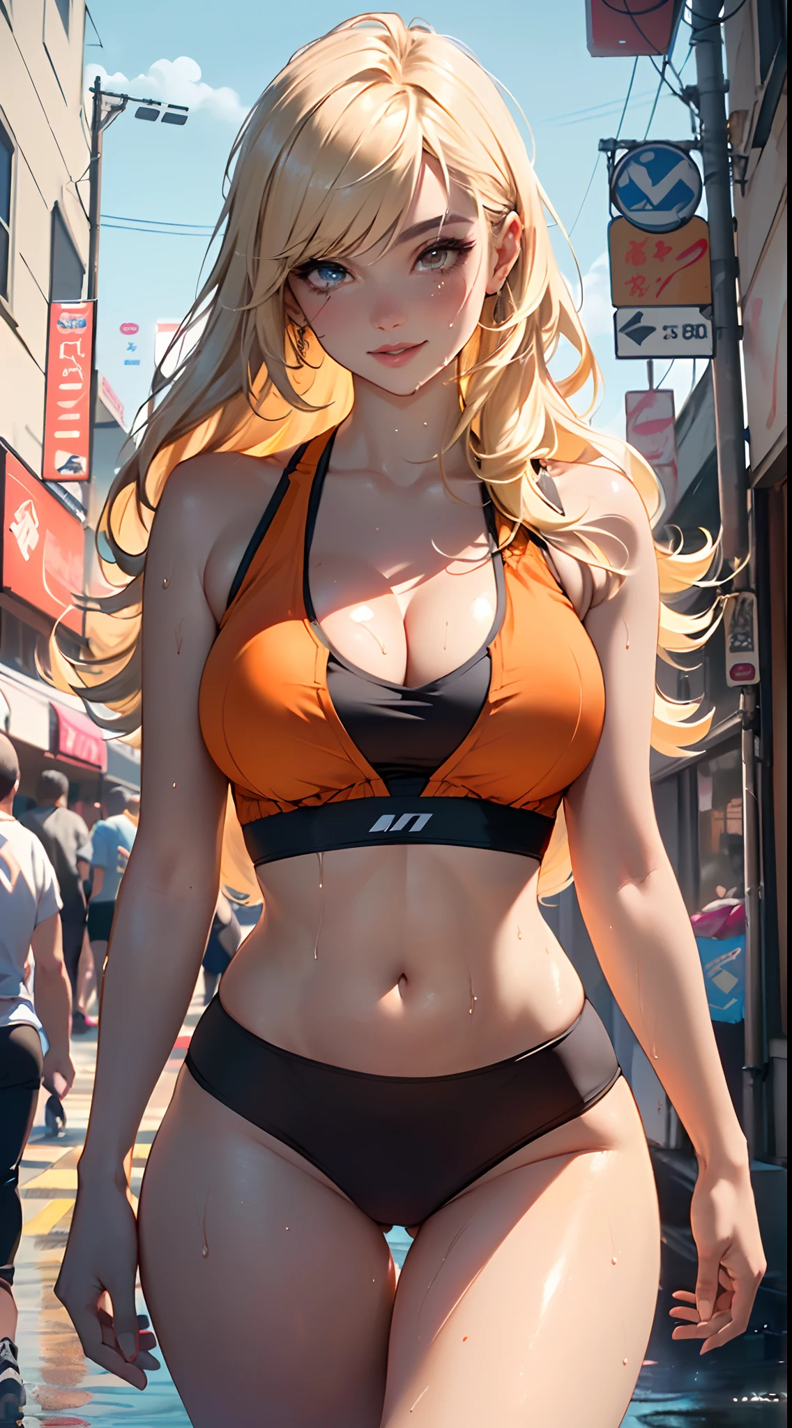 girl sporty,((attractive girl)),
(large breasts:1.4),saggy breasts,(((absurdly long unkept hair,blonde hair,very long hair,voluminous hair,Thick hair,Dense hair,long hair,colored inner hair))),((heterochromia:1.5, (orange_eye and blue_eye))),intricate eyes,beautiful detailed eyes,symmetrical eyes,((fat))(((lustrous skin:1.5,bright skin: 1.5,skin tanned,shiny skin,very shiny skin,shiny body,plastic glitter skin,exaggerated shiny skin,illuminated skin, wet legs))),(spider lower abdomen,narrow waist,wide hip,athletic body,inflated legs,detailed body,(detailed face)),
cute,slutty,seductive,erotic,(((nsfw))),
((tight sports bra, tight sports panties, (orange and black clothes))),(((cleavage))),((wet clothes,intricate outfit,intricate clothes)),
(dynamic pose:1.0),coquette,smiling,(centered,scale to fit dimensions,Rule of thirds),
cyberpunk city by the ocean at night, with bright neon signs and dark stormy clouds and puddles, scenery:1.25,
artistic photography,(photography taken by sldr),highres, sharp focus, (ultra detailed, extremely detailed), (photorealistic artwork:1.37),(extremely detailed CG unity 8k wallpaper),((synthwave background theme)),(((vibrant colors))),(intricate background),(masterpiece),(best quality),