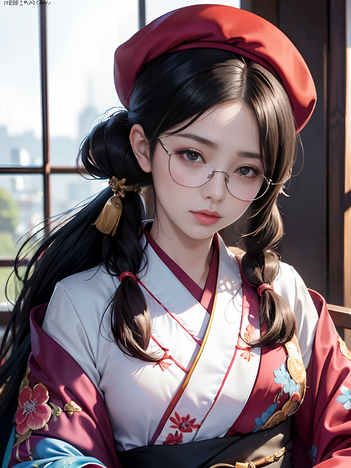 Background of details(Painting),break elaborate costume(Luxury kimono(Colorful kimono(detailed embroidery))),BREAK 1 Beautiful and Classy Adult Woman(Japanese actressl:1.2)(glossy dark hair(beret),(poneyTail:1.2)),(eye glasses:1.2), Wallpapers 16K,Blur the background,(masutepiece:1.5), (Best Quality:1.5),(Portrait photos:1.5),(full bodyesbian:1.5)
