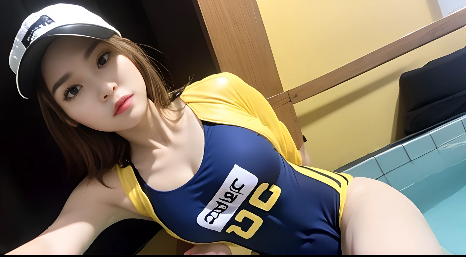 ((Woman in yellow sports cap:1.4))、((Sporty one-piece swimsuit in red, blue and white:1.2))、((top-quality、8K、​masterpiece:1.3))、Female sexy、1girl in、Colossal tits:1.3、(Firm abs、Slim body:1.1)、swimming pools、Ultra slim face、slender lips、Slender eyes、二重まぶた、opens legs、Freehand movements、独奏、1 girl in