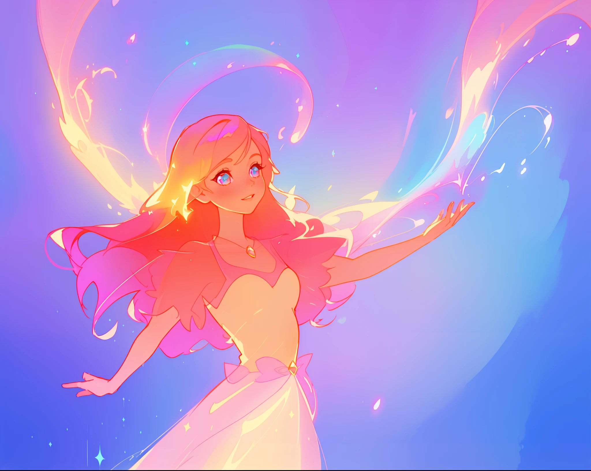 beautiful anime girl in colorful ballgown, vibrant pastel colors, (colorful), magical lights, sparkling liquid light, inspired by Glen Keane, inspired by Lois van Baarle, disney art style, by Lois van Baarle, glowing aura around her, by Glen Keane, jen bartel, glowing lights! digital painting, flowing glowing hair, glowing flowing hair, beautiful digital illustration, fantasia background, whimsical, magical, fantasy, beautiful face, ((masterpiece, best quality)), intricate details, highly detailed, sharp focus, 8k resolution, sparkling detailed eyes, liquid watercolor