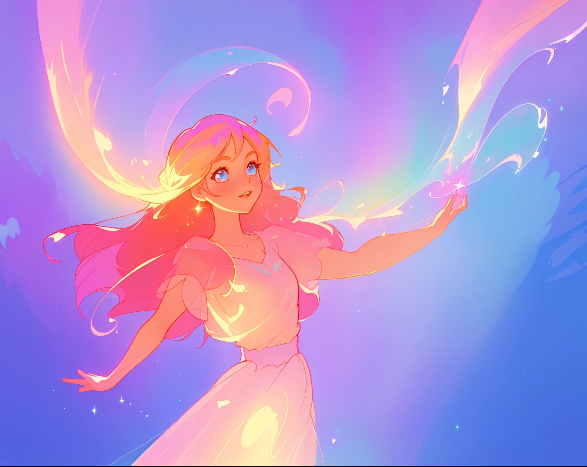 beautiful anime girl in colorful ballgown, vibrant pastel colors, (colorful), magical lights, sparkling liquid light, inspired by Glen Keane, inspired by Lois van Baarle, disney art style, by Lois van Baarle, glowing aura around her, by Glen Keane, jen bartel, glowing lights! digital painting, flowing glowing hair, glowing flowing hair, beautiful digital illustration, fantasia background, whimsical, magical, fantasy, beautiful face, ((masterpiece, best quality)), intricate details, highly detailed, sharp focus, 8k resolution, sparkling detailed eyes, liquid watercolor