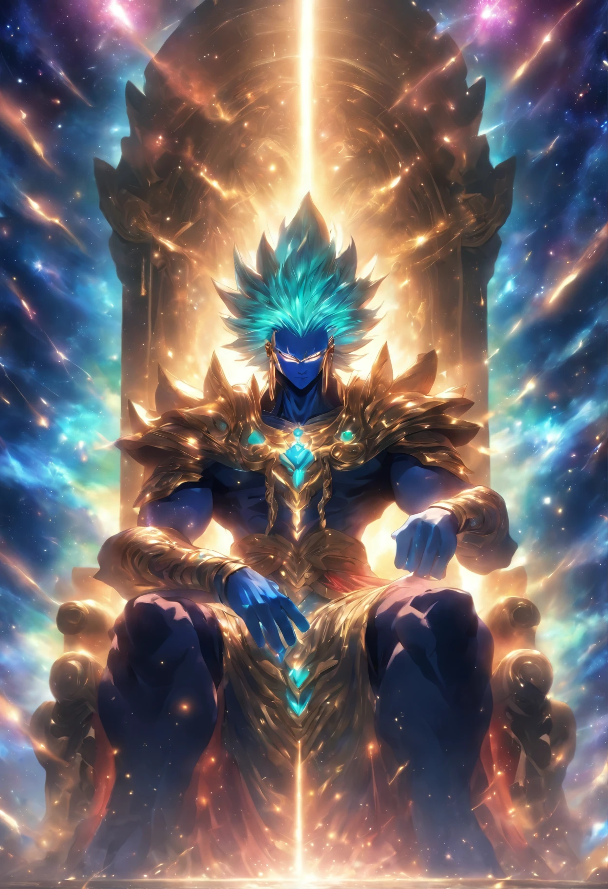 An imposing god of the galaxy seated on a magnificent throne, their face concealed by an intricate mask. The god exudes immense power with a muscular physique and a unique, captivating appearance. The camera zooms in, focusing on the god's majestic body, highlighting their presence and grandeur. --s 150 --ar 1:1 --c 5 --UHD --niji 5