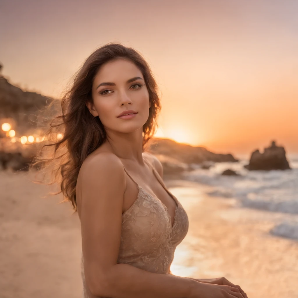 Semi-nua, pose sensual, Bronzeado Perfeito, cabelos longos e sedosos, seios grandes, bunda grande, cintura fina, Areia branca e macia, crystal clear waters, sky clear, Luz solar brilhante, sombras suaves, foco nítido, Detalhes ultrafinos, Cores vivas, Estilo Retrato , Tonalidade quente, soft studio lighting. (melhor qualidade, 4k, high resolutions, ultra detalhado, fotorrealista:1.2), HDR, UHD, fotografia de belas artes, Cena da Praia, breathtaking beauty.