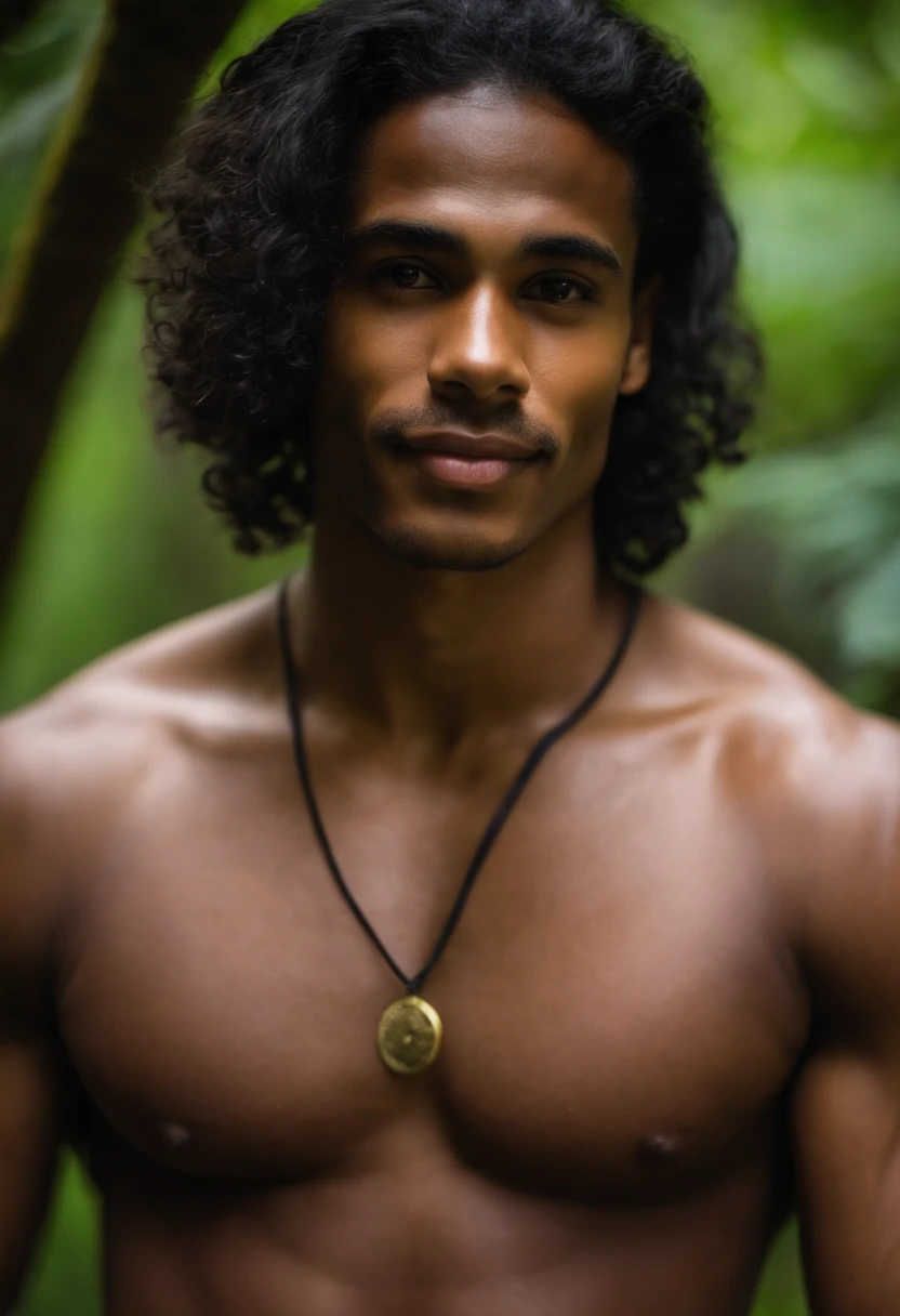Um jovem homem negro de cabelo castanho ondulado, He is slender, mas musculoso. He is shirtless and has a huge scar on his neck and chest. He has his arms crossed and a flirtatious smile on his lips. In the background is a forest.