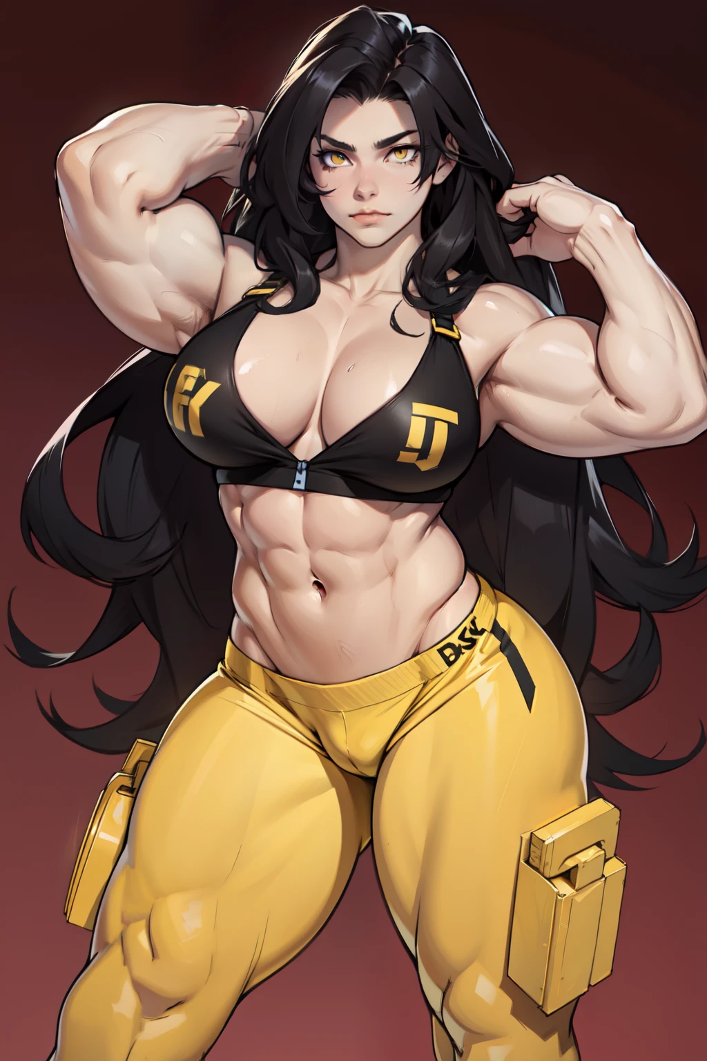 ((1girl bodybuilder)) pale skin black hair very long hair yellow eyes large breasts long abs sad