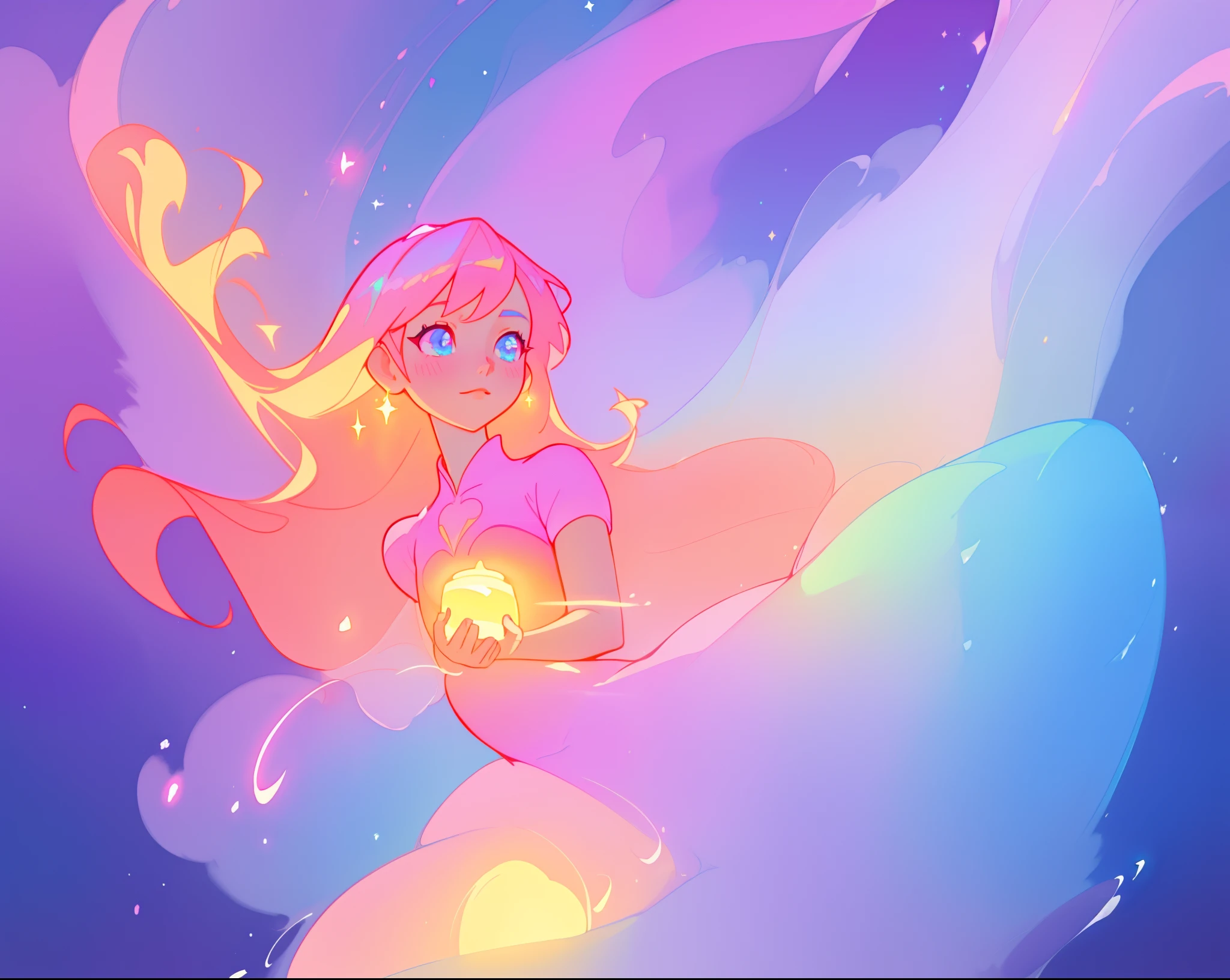 beautiful anime girl in colorful ballgown, vibrant pastel colors, (colorful), magical lights, sparkling liquid light, inspired by Glen Keane, inspired by Lois van Baarle, disney art style, by Lois van Baarle, glowing aura around her, by Glen Keane, jen bartel, glowing lights! digital painting, flowing glowing hair, glowing flowing hair, beautiful digital illustration, fantasia background, whimsical, magical, fantasy, beautiful face, ((masterpiece, best quality)), intricate details, highly detailed, sharp focus, 8k resolution, sparkling detailed eyes, liquid watercolor