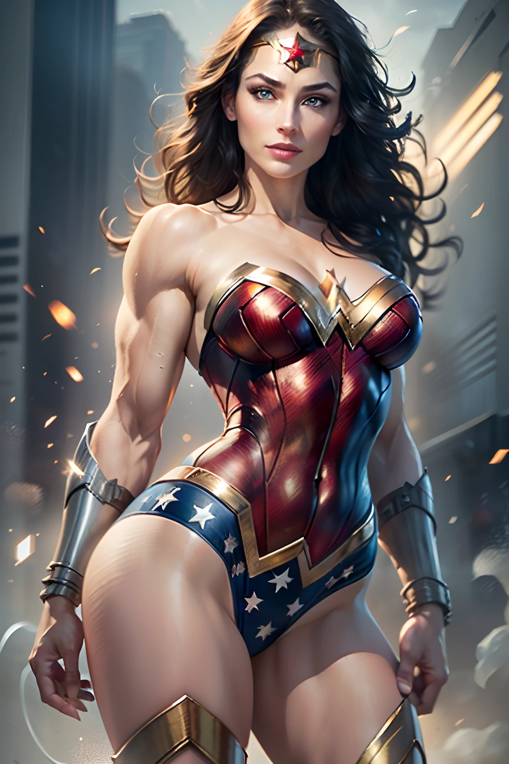 1woman, Wonder Woman, (intricate details, makeup), (delicate and beautiful delicate face, delicate and beautiful delicate eyes, perfectly proportioned face), delicate skin, strong and realistic blue eyes, realistic black hair, lips, makeup, natural skin texture, tiara, jewelry, star \(symbol\), leotard, bulletproof gauntlet, red boots, golden girdle, (public clothing: 1.5), bare shoulders, slightly sunburned complexion, mature, sexy, toned muscles, (muscles:1.2), ((strong and healthy body)), ((((more) muscles))), long legs, curves, (big breasts: 1.3), thin waist, soft waist, (delicate skin), (beautiful and sexy woman), (swollen lips: 0.9), very delicate muscles, standing,(realistic: 1.5), photorealistic, octane rendering, hyperrealistic, tight modeling, (photorealistic face: 1.2), thick eyelashes, long eyelashes, (curly dark hair: 1.1), best quality, half smile, (looking at the viewer), sharp focus, (4k), (masterpiece), (best quality), fantasy, extremely detailed, intricate, hyper detailed, (perfect face), illustration, soft lighting,(specular lighting:1.4), blue eyes, absurdly photorealistic, ultra high resolution, intricate, hyperdetailed, (skindentation), female, detailed body, (detailed face: 1.1), (outlined iris), (hydrocolor lenses), (perfect eyes), 4k, gorgeous, (masterpiece: 1.2), (best quality:1.2),
