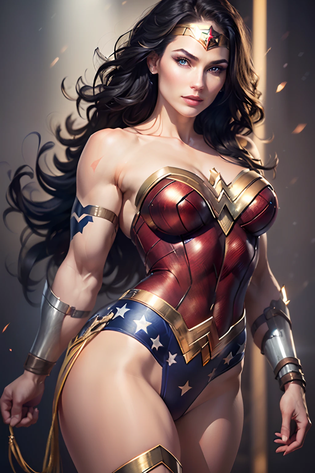 1woman, Wonder Woman, (intricate details, makeup), (delicate and beautiful delicate face, delicate and beautiful delicate eyes, perfectly proportioned face), delicate skin, strong and realistic blue eyes, realistic black hair, lips, makeup, natural skin texture, tiara, jewelry, star \(symbol\), leotard, bulletproof gauntlet, red boots, golden girdle, (public clothing: 1.5), bare shoulders, slightly sunburned complexion, mature, sexy, toned muscles, (muscles:1.2), ((strong and healthy body)), ((((more) muscles))), long legs, curves, (big breasts: 1.3), thin waist, soft waist, (delicate skin), (beautiful and sexy woman), (swollen lips: 0.9), very delicate muscles, standing,(realistic: 1.5), photorealistic, octane rendering, hyperrealistic, tight modeling, (photorealistic face: 1.2), thick eyelashes, long eyelashes, (curly dark hair: 1.1), best quality, half smile, (looking at the viewer), sharp focus, (4k), (masterpiece), (best quality), fantasy, extremely detailed, intricate, hyper detailed, (perfect face), illustration, soft lighting,(specular lighting:1.4), blue eyes, absurdly photorealistic, ultra high resolution, intricate, hyperdetailed, (skindentation), female, detailed body, (detailed face: 1.1), (outlined iris), (hydrocolor lenses), (perfect eyes), 4k, gorgeous, (masterpiece: 1.2), (best quality:1.2),