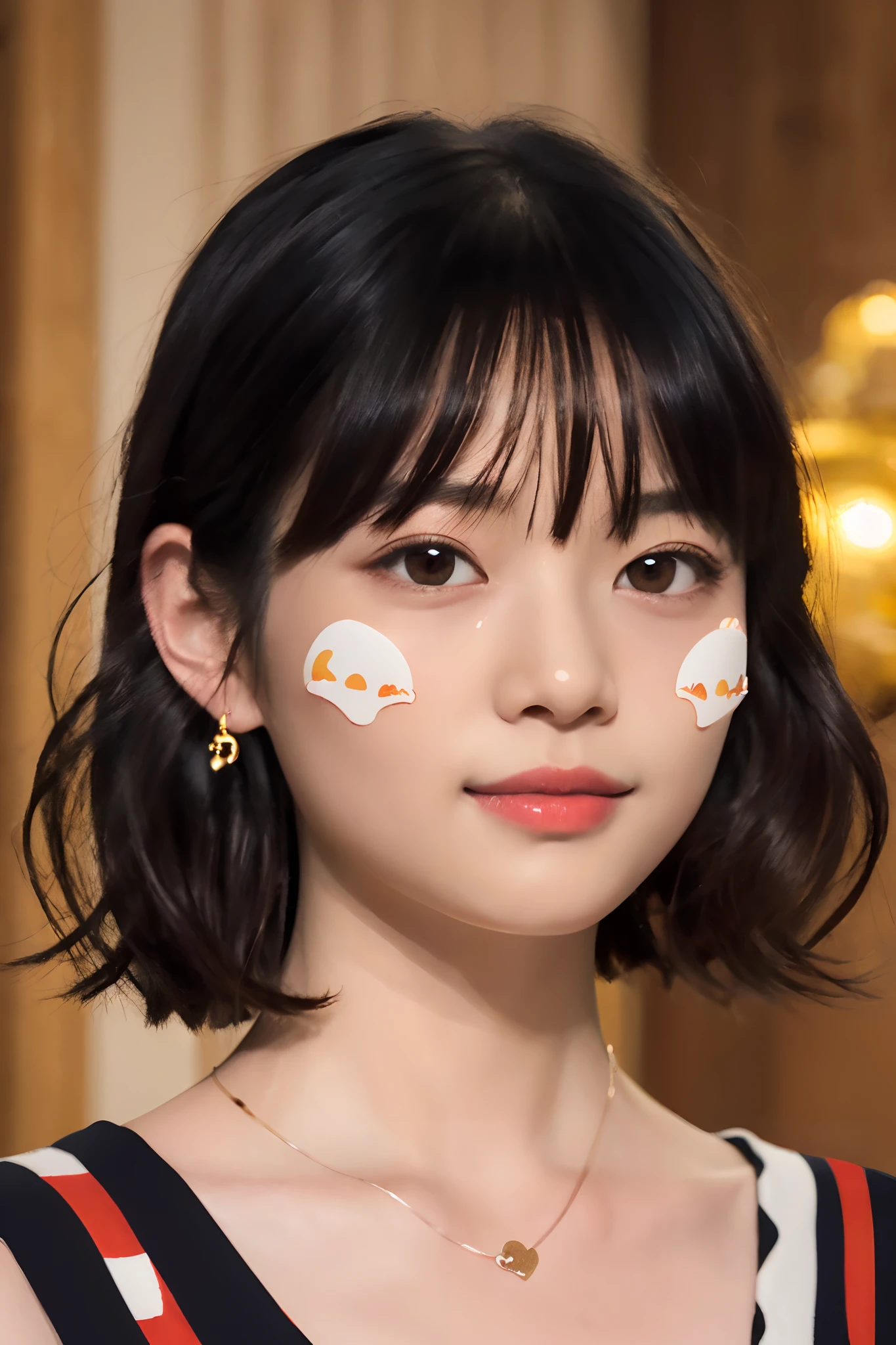 On the entire face(a sticker:1.3))Haru, (masutepiece:1.3), (8K, Photorealistic, Raw photo, Best Quality: 1.4), Japanese, (1girl in), Beautiful face, (Realistic face), (Black hair), Beautiful hairstyle, Realistic eyes, Beautiful detailed eyes, (Realistic skin), Beautiful skin, Attractive, 超A high resolution, A hyper-realistic, Highly detailed, Golden ratio,