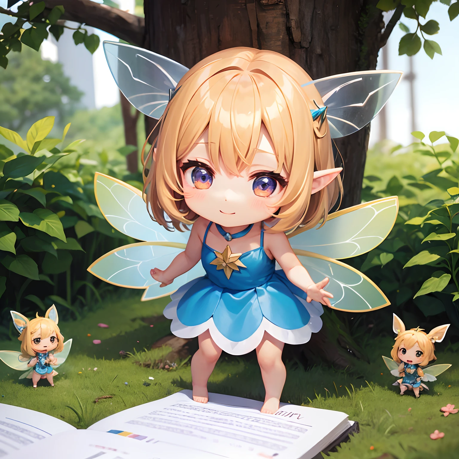 (Illustration of sticker sheet), The best images, Transforming Chibi Character, Cute fairy peeking out from behind a tree, Background ivory