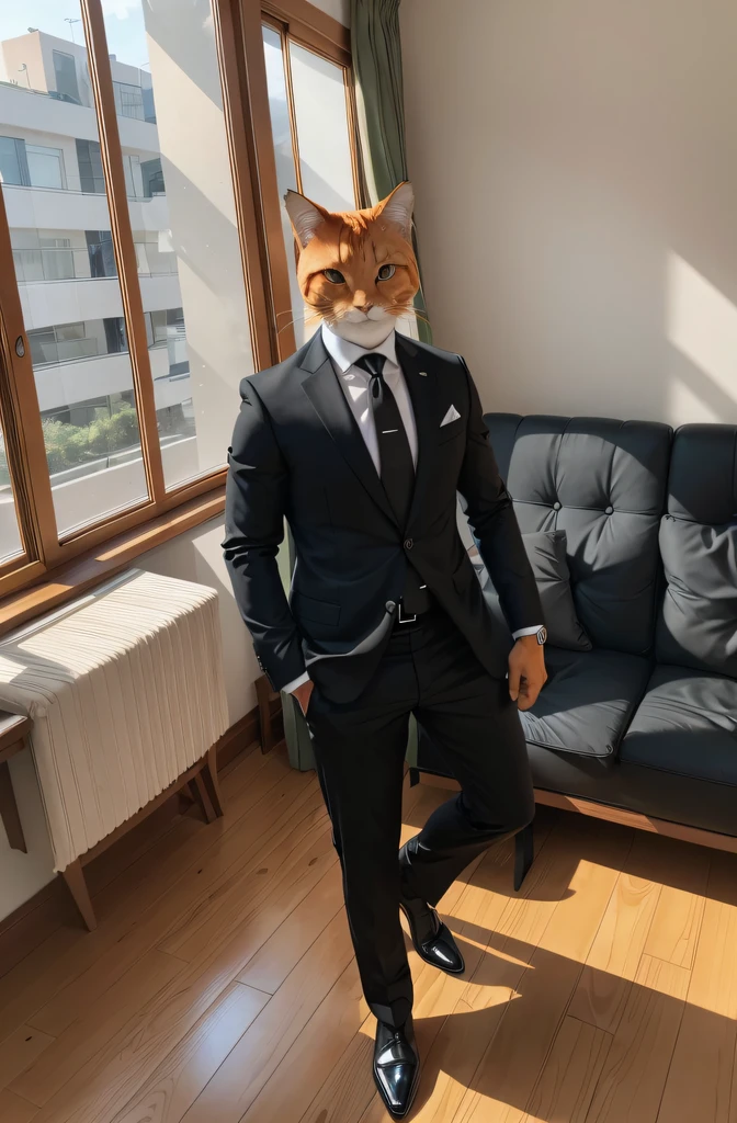 ((Anthropomorphic orange cat agent in the house)),BREAK,Perfect proportions,(the complete palm),Clear picture,Cross your hands,Shiny,black suit,green necktie ,Wooden furniture,floor to ceiling window,couch,cute,High image quality,Master works,perfectly proportions,4K,Perfect body shape,Documents in hand,realistic, perfect detailed face, detailed eyes, highly detailed