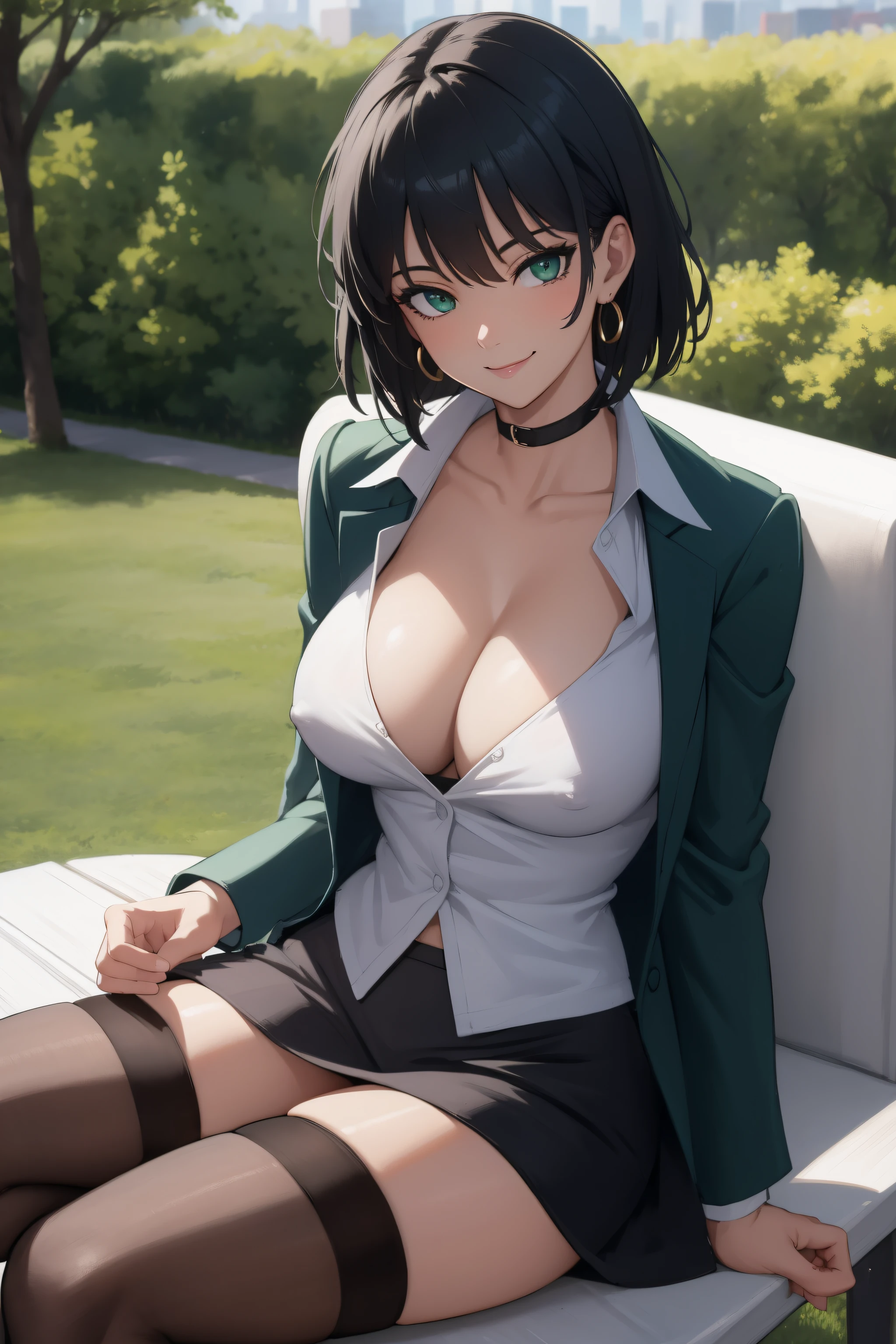 (day:1.7), outdoors, park, park_bench, plant, road,fence, grass,tree,
sitting at attention,sitting on couch,
(business outfit:1.2), blazer, shirt, cleavage, underwear, tight skirt, black choker, earrings, (stockings:1.25),
fubuki, black hair, green eyes, short hair,
1 girl, 20yo,Young female,Beautiful Finger,Beautiful legs,Beautiful body,Beautiful Nose,Beautiful character design, perfect eyes, perfect face,
looking at viewer, (big_eyes:1.0),(Smile:1.3),
NSFW,official art,extremely detailed CG unity 8k wallpaper, perfect lighting,Colorful, Bright_Front_face_Lighting,
(masterpiece:1.0),(best_quality:1.0), ultra high res,4K,ultra-detailed,
photography, 8K, HDR, highres, absurdres:1.2, Kodak portra 400, film grain, blurry background, bokeh:1.2, lens flare, (vibrant_color:1.2)
(Beautiful,medium_Breasts:1.4), (beautiful_face:1.5),(narrow_waist),(perfect hands, perfect anatomy),