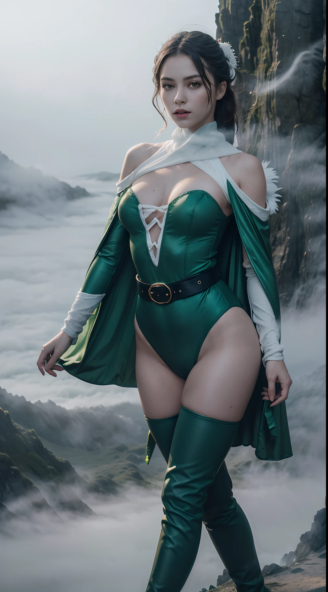 absurdres, (best quality), (masterpiece),(ultra-detailed:1.2),(photorealistic:1.1),ultra high res,
1girl,short stature ,
rydia, green cape, hair ornament, green leotard, belt, detached sleeves, thigh boots,
(fog:1.5),dragon background,mist,smoke dragon,smoke, (white dragon:1.3),
lake,lakeside view,with calm waters,