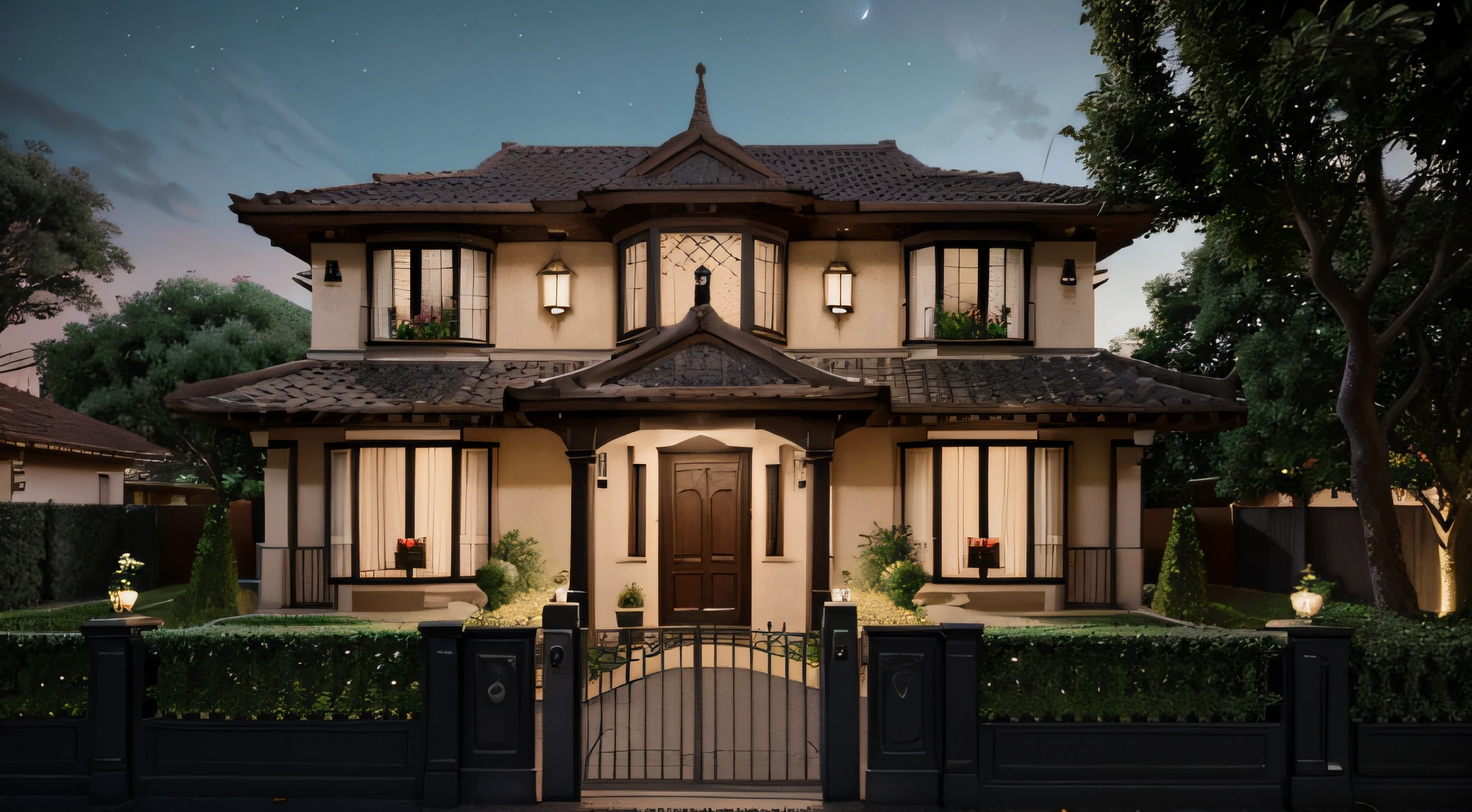 There is a different house, very beautiful and mysterious, with a captivating architecture where those who look at it feel like entering because it is modern with old touches and it is on a very beautiful street that is more beautiful at night when it is illuminated by the streetlights and the moon, There's trees on this street, There are trees that cover part of the house and gardens in your yard, The door of this house is open, imagem colorida, brilhante, 3 d illustration, ultra realista, arte urbana.