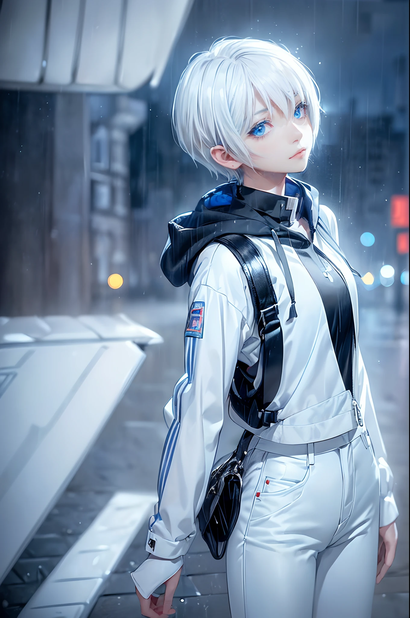 ((4K works))、masterpiece、(top-quality)、1 beutiful girl、Slim body、tall、((Black Y-shirt and white pants、Charming street style))、Please wear one jacket、Wearing a hood to hide his face、(Detailed beautiful eyes)、Morning City、((Rainy city))、Fashionable city with morning rain、During the walk、((Bright, cloudy sky))、((Face similar to Carly Rae Jepsen))、((Short-haired white hair))、((Smaller face))、((Neutral face))、((Bright blue eyes))、((American adult women))、((Adult female 26 years old))、((cool lady))、((Like a celebrity))、((Lonely look))、((Korean Makeup))、((elongated and sharp eyes))、((Happy dating))、((boyish))、((Upper body photography))、Professional Photos、((Model photo))、((Shot alone))、((She's under the roof))、((Looking up at the sky))、((photographed from the back))、((She is facing upwards))、((Her eyes are looking upwards))、((Increase the angle of the face))、((She is walking in front of the viewer))