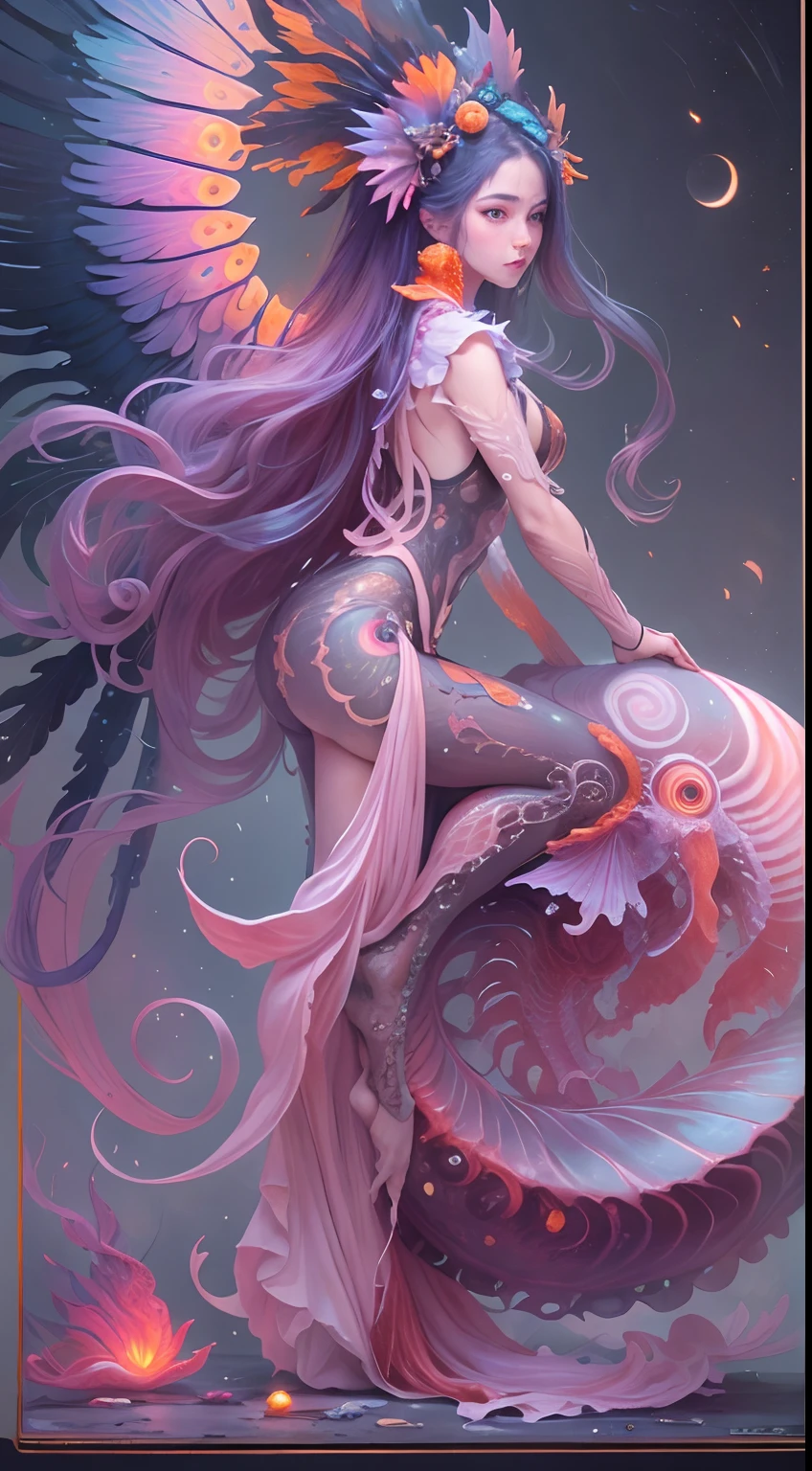 celestial creature,best qualtiy,tmasterpiece,超高分辨率,(photograph realistic:1.4),ultra-realistic realism,Dream-like,The beautiful goddess wears a phoenix peacock on her head, Nautilus, a betta fish,The creation of fantasy,Brain conch,Dream Conch,Biopunk Nautilus,Thrilling color scheme, ultra-realistic realism, abstracted, psychedelia,