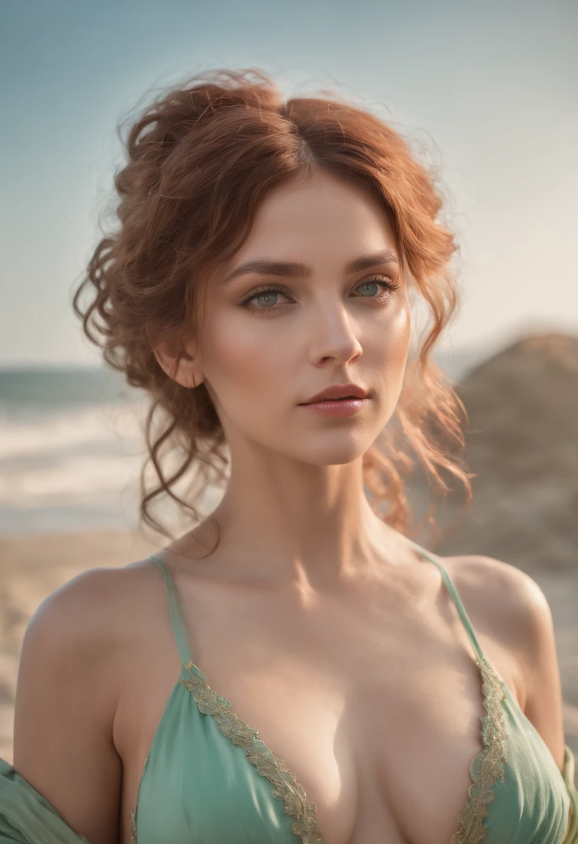 photorealistic Oilpainting ((full body)), ((stunningly attractive)) 80s anime style, ((Large beautiful Exposed BOOBS)), Multi-color Curly hair, detailed Green eyes, shy, charming, (symetrical face)), wearing (micro-bikini), toned abs, 8k ((symmetrical huge tits)), (sad face), hourglass body, sharp focus, ((Sea Landscape)), Art by (artgerm), (greg rutkowski), alphonse mucha, detailed,