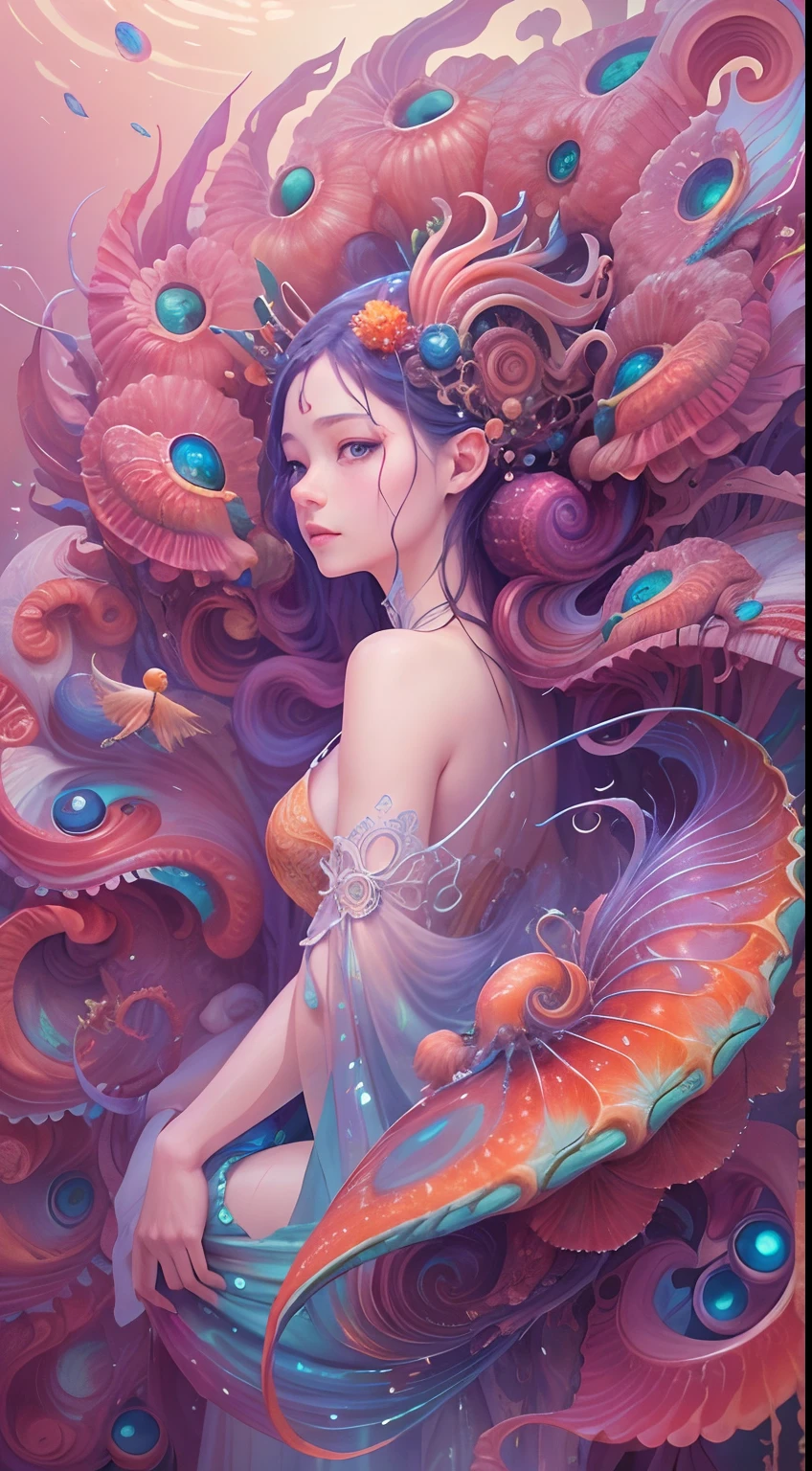 celestial creature,best qualtiy，tmasterpiece，超高分辨率，（photograph realistic：1.4），ultra-realistic realism，Dream-like，The beautiful goddess wears a phoenix peacock on her head, Nautilus, a betta fish，The creation of fantasy，Brain conch，Dream Conch，Biopunk Nautilus，Thrilling color scheme， ultra-realistic realism， abstracted， psychedelia,