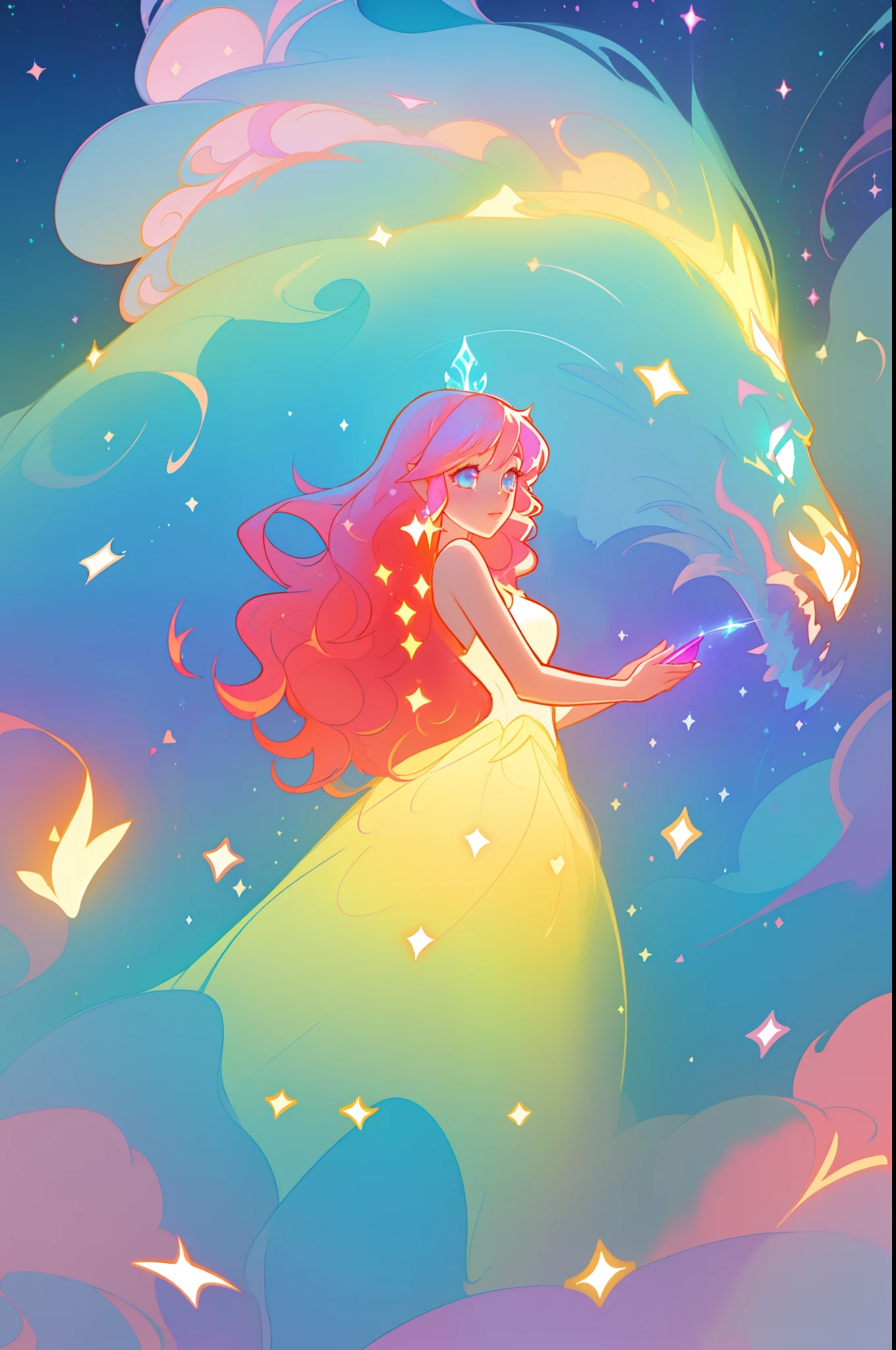 beautiful anime girl in white princess ballgown, vibrant pastel colors, (colorful), magical lights, magical flowers, red long wavy hair, sparkling lines of light, inspired by Glen Keane, inspired by Lois van Baarle, disney art style, by Lois van Baarle, glowing aura around her, by Glen Keane, jen bartel, glowing lights! digital painting, flowing glowing hair, glowing flowing hair, beautiful digital illustration, fantasia background, whimsical, magical, fantasy, beautiful face, ((masterpiece, best quality)), intricate details, highly detailed, sharp focus, 8k resolution, sparkling detailed eyes, liquid watercolor