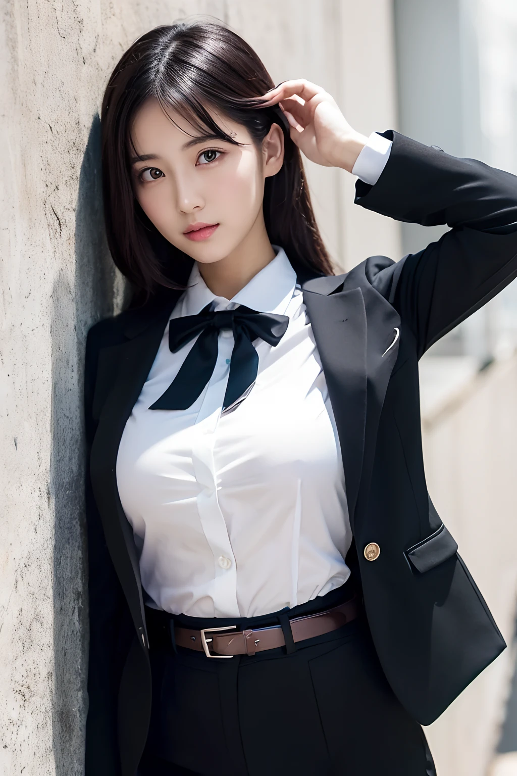 (top-quality、masterpiece、Official art、hight resolution:1.2)、the Extremely Detailed CG Unity 8K Wallpapers、photos realistic、ultra-detailliert、(one girls:1.2)、Woman, (High Detail Skins:1.2)、Secretary、Formal, , In a black suit, Black jacket, (White Y-shirt with wide open chest), Black Pencil Skirt,( Black stockings), (squate glsses),