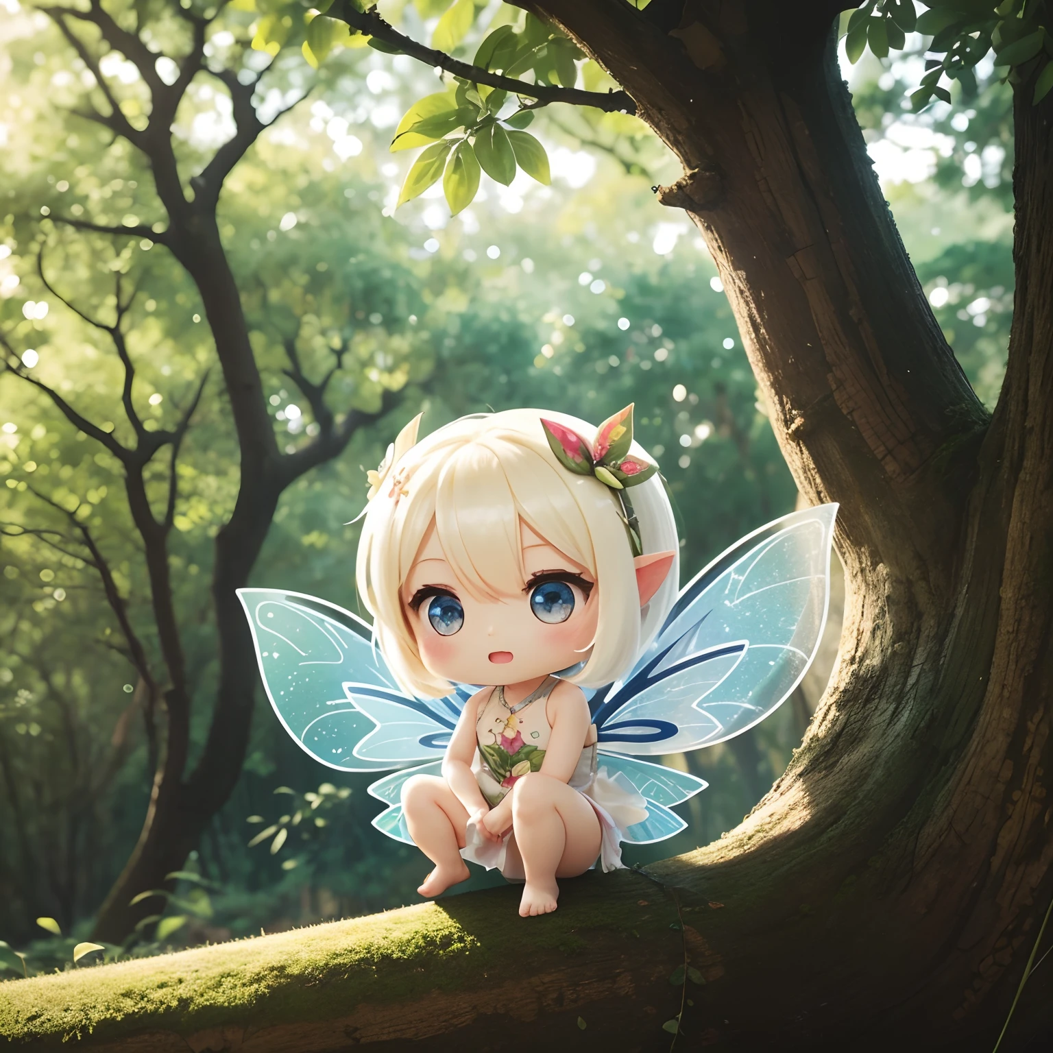 (Illustration of sticker sheet), The best images, Transforming Chibi Character, Cute fairy peeking out from behind a tree, Background ivory
