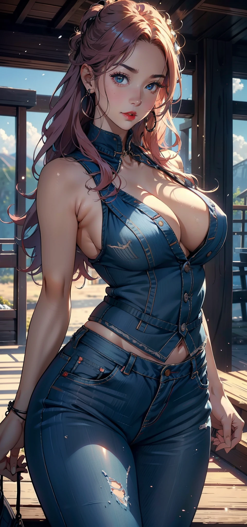 1female，45 yers old，Married Woman，熟妇，plumw，extremely large bosom， 独奏，（Background with：Endless savannah，herds of horses）Standing on the Grassland，exteriors， She has long pink hair，seen from the front，， mostly cloudy sky，（（（tmasterpiece），（Very detailed CG unity 8K wallpaper），best qualtiy，cinmatic lighting，detailed back ground，beatiful detailed eyes，Bright pupils，Black eyes，Snow-whiteskin，Redlip（Very fine and beautiful），（Beautiful and detailed eye description），ultra - detailed，tmasterpiece，））facing at camera，A high resolution，ultra - detailed），revealing breasts，Bare genitalia，  Bulge，legs are open，Raised sexy，Camel toes，Desire for dissatisfaction，frontage，Western cowboy（Wearing：Blue denim vest，Bare，Bare genitalia，Bare breasts，Black lace panties，nakeness）