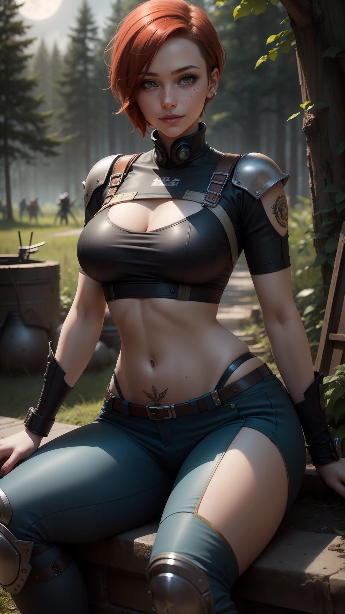 gwen tennyson,1girl,tracer,jill valentine, rebecca chambers,overwatch,resident evil,close up,mecha pilot,body paint, haunted forest,tattoos,blue and gray plugsuit,hair pin,steel short sleeve silk top,steel cargo pants,uncovered belly, short hair,cute makeup,green eyes,red and gold hair,shy smile,freckles, redhead,beautiful girl,large breasts, ultra detailed,realistic,fantasy art, military uniform,steel armor,haunted lab,moonlight,police uniform,sitting,