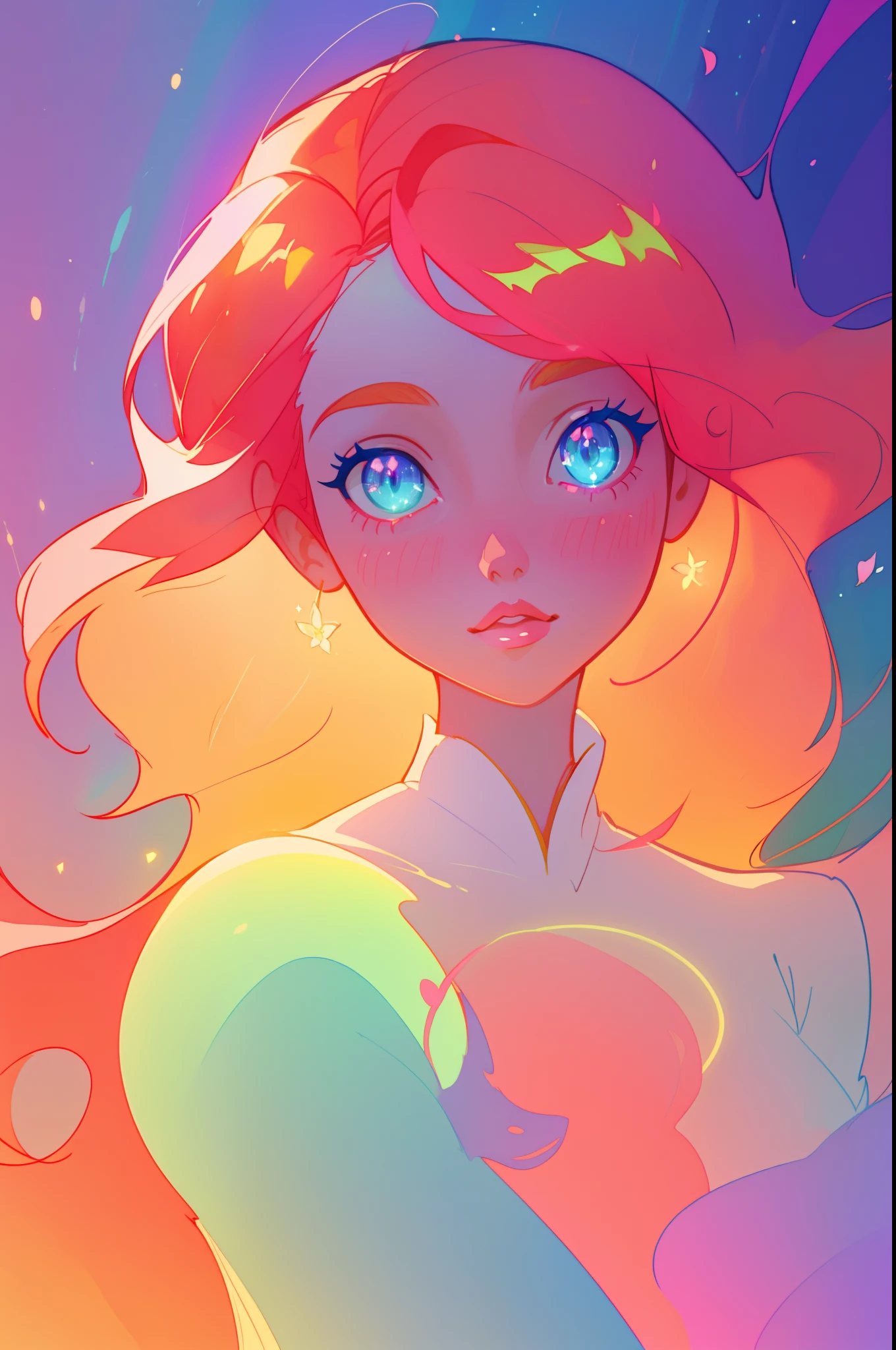 beautiful girl portrait, vibrant pastel colors, (colorful), magical lights, long flowing red hair, inspired by Glen Keane, inspired by Lois van Baarle, disney art style, by Lois van Baarle, glowing aura around her, by Glen Keane, jen bartel, glowing lights! digital painting, flowing glowing hair, glowing flowing hair, beautiful digital illustration, fantasia background, whimsical, magical, fantasy, beautiful face, ((masterpiece, best quality)), intricate details, highly detailed, sharp focus, 8k resolution, sparkling detailed eyes, liquid watercolor, golden ratio, flowers in her hair