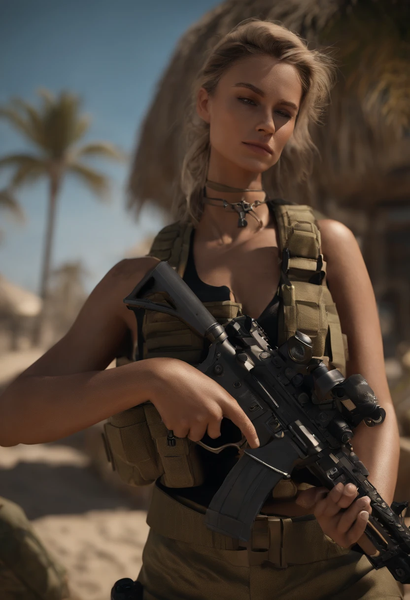 Generate detailed images of the character Mara, 「Marades Dealer」Also known as, Do Jogo Call of Duty: Modern warfare. Describe its appearance, full bodyesbian, Cruel physiognomy, Micro Bikini, in beach, evening sun, Palm trees, Sculptural body, Flowing hair, [Gold Equipment ((machine guns, hgrenades, Accessories))], Cruel character