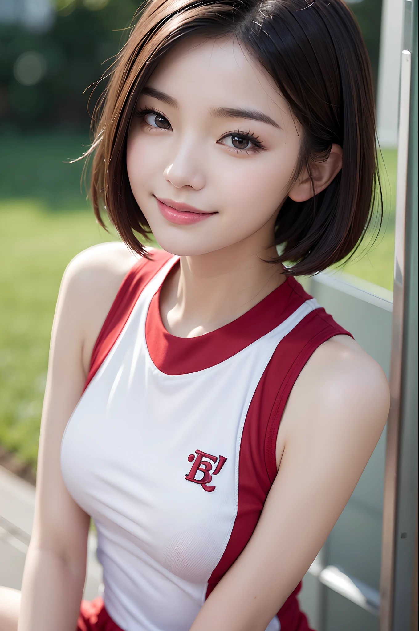 Steppiece、Best Quality、8Kde、18year old、Raw photo、absurderes、award winning portrait、Smiling smile、FCup Breast、Solo、during daytime、Idol face、violaceaess、gardeniass、Ephemeral beauty, The upper part of the body, Short bob hairstyle、Sweaty、Digital SLR, Looking at Viewer, Candid, Sophisticated,, Thin arms, Professional Lighting, Film grain, chromatic abberation, (Eyes and faces with detailed:1.0 )、(Bokeh:1.1)、(Red Athletics Uniform)、athletic field、