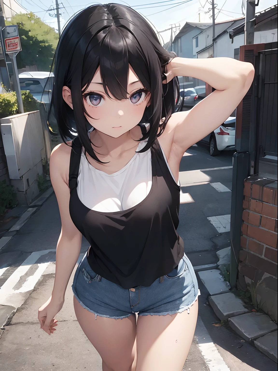 girl with shoulder length jet black hair and pale skin, wearing black tank top and jean shorts, (view from thighs area to above top of head), (standing), halo over head