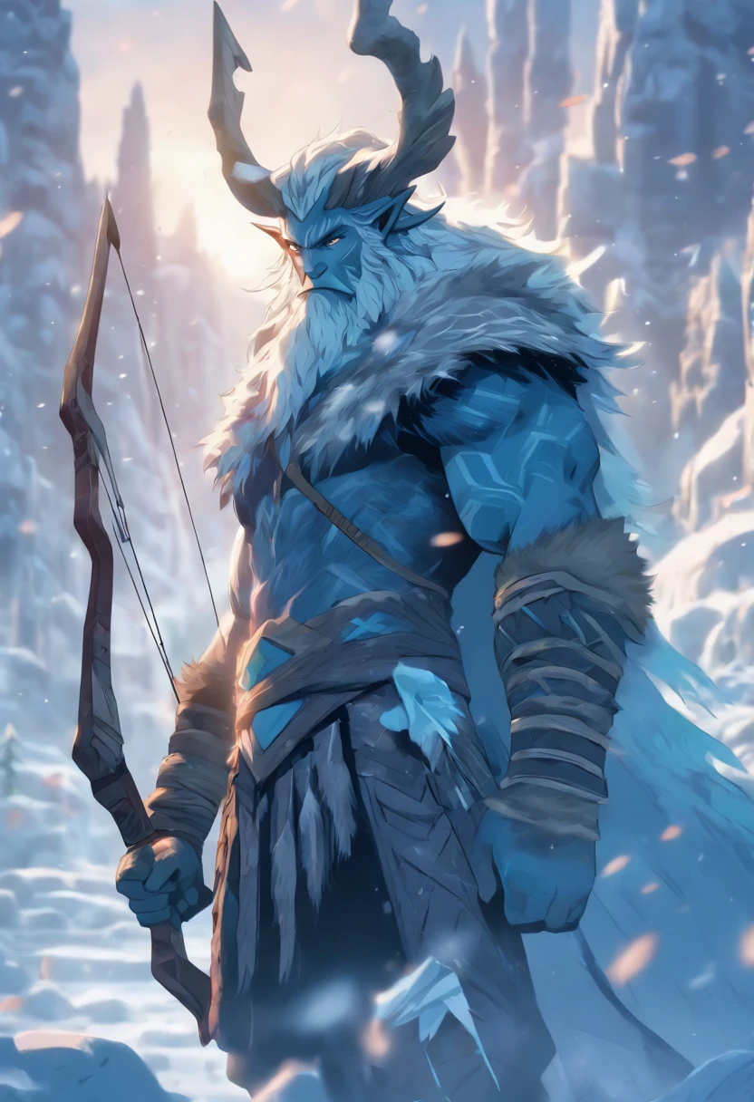 (((Frost Giant with Bow and Arrow))) best quality, very high resolution, detailed CG in 4K, masterpiece, Norse mythology, Skadi, Jotunn, trees in the background, Scandinavia, standing pose, crocodile head, nordic clothes, northern city, snow, ((bow and arrow)), aesthetics, beautiful image, centered on the screen, standing pose