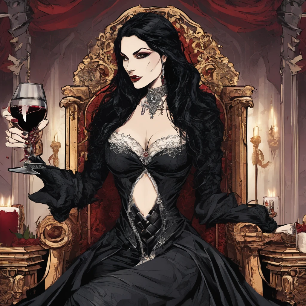 ((illustration of a female version of Strahd Von Zarovich in sexy gothic noble outfit sitting on a throne holding a glass wine goblet filled with blood)), royal noble outfit, ((vampire)), has teeth fangs, long black hair, portrait, 8k resolution, masterpiece, high quality, ultra detailed eyes, 1girl, female focus, voluptuous figure, ((sad smiling)), vampiric features, teeth showing, vampire fangs, pale skin, elf ears, castle interior background, gothic theme, dungeons and dragons fantasy aesthetics, use Curse of Strahd visuals, sassy demeanor
