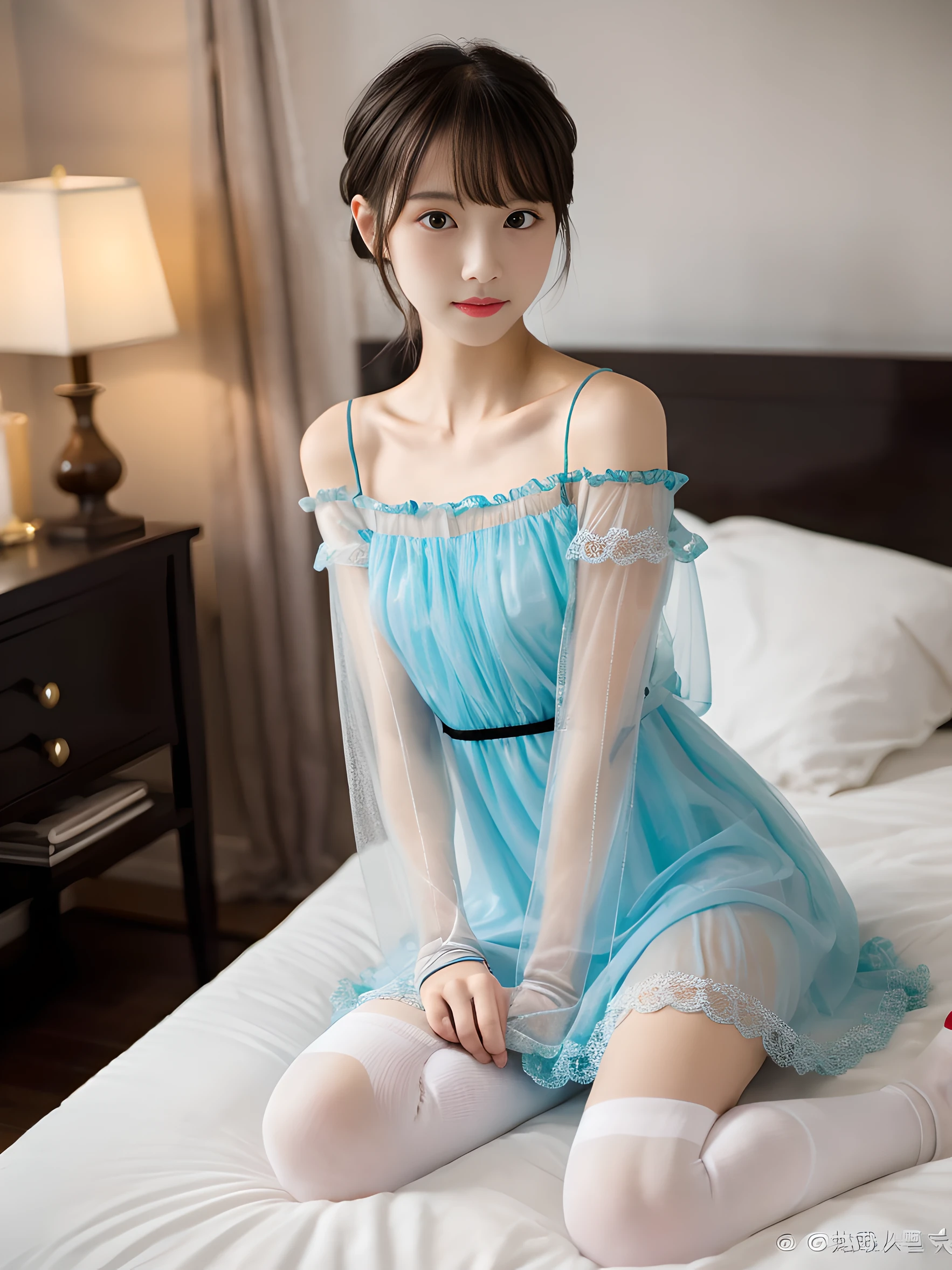 (1girl:1.1), cute, 8 , (loli:1.4)flat chest, 8k, RAW photo, (photo realistic:1.37), ultra high res, best quality, small round face, big eyes, extremely detailed face and eyes, slender, thin thighs, slim legs, depth of field, professional lighting, shiny skin, face lights, natural shading, blushing, dynamic pose, BREAK (wearing transparent sheer babydoll dr1.3), (wearing thigh-high socks:1.3), sitting on bed, Thin makeup, (shot from front:1.2), BREAK (shoulder length hair with bangs:1.2), (sweet girl's bedroom:1.2), (full body:1.1), during night, fair skin,