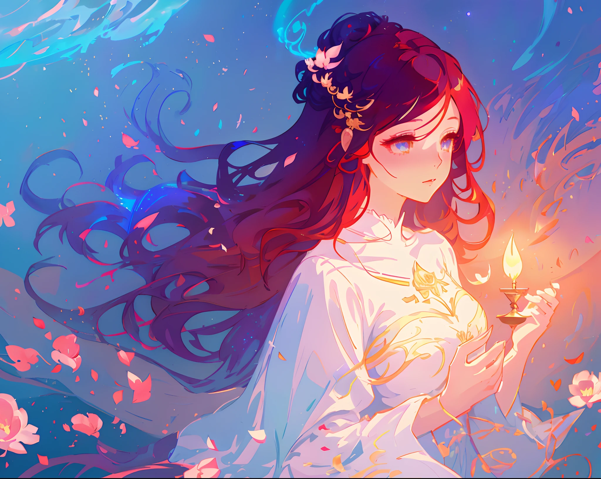 anime, a girl with long hair, flowing white dress, beautiful girl holding a candle, long glowing ethereal hair, glowing flowing hair, flowing glowing hair, long glowing hair, beautiful anime art style, beautiful digital illustration, ethereal anime, a beautiful artwork illustration, inspired by Glen Keane, inspired by Lois van Baarle, disney art style, by Lois van Baarle, glowing aura around her, by Glen Keane, jen bartel, glowing lights, masterpiece, best quality, 8k resolution, sharp focus, intricate detail, highly detailed, beautiful face, perfection, golden ratio