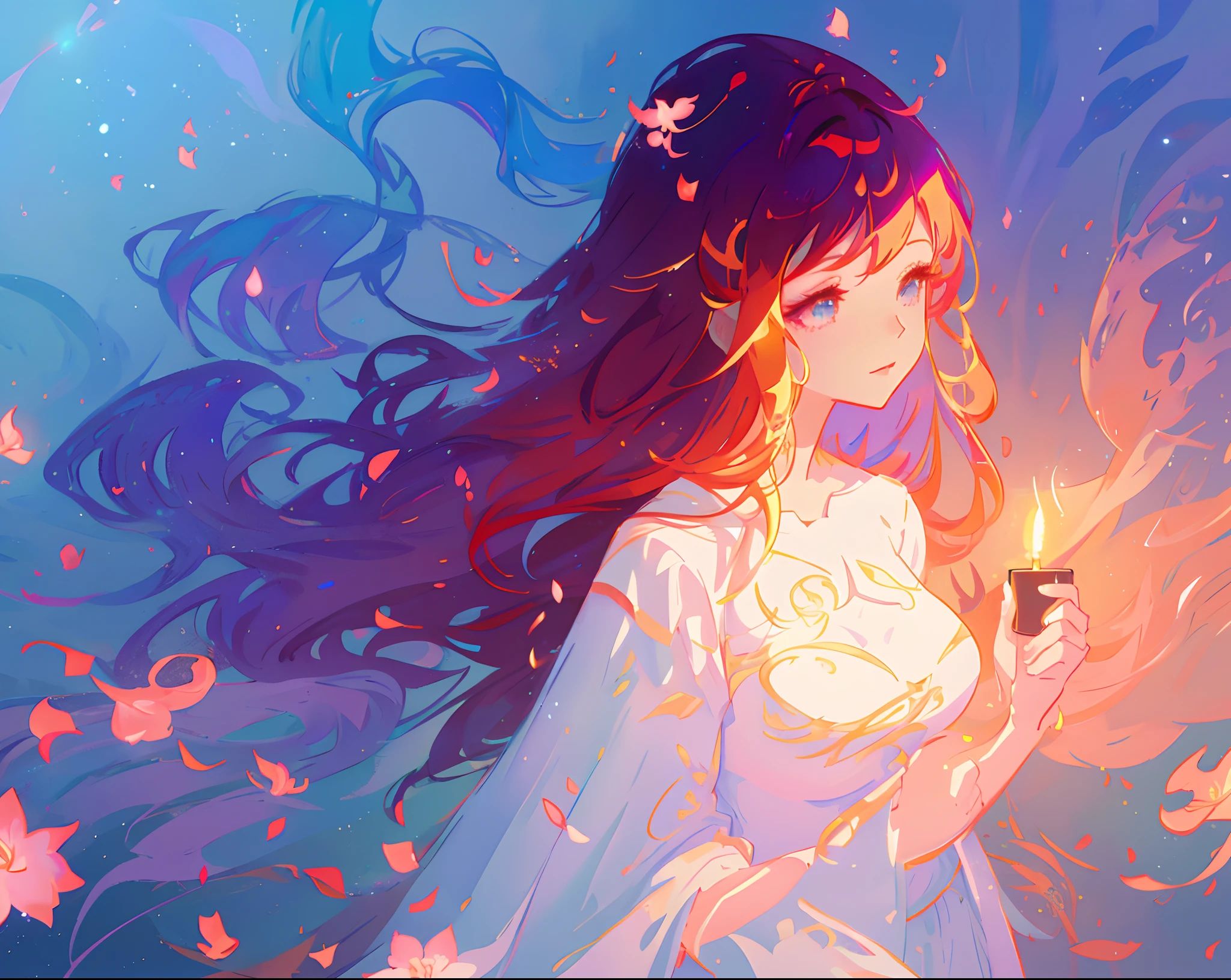 anime, a girl with long hair, flowing white dress, beautiful girl holding a candle, long glowing ethereal hair, glowing flowing hair, flowing glowing hair, long glowing hair, beautiful anime art style, beautiful digital illustration, ethereal anime, a beautiful artwork illustration, inspired by Glen Keane, inspired by Lois van Baarle, disney art style, by Lois van Baarle, glowing aura around her, by Glen Keane, jen bartel, glowing lights, masterpiece, best quality, 8k resolution, sharp focus, intricate detail, highly detailed, beautiful face, perfection, golden ratio