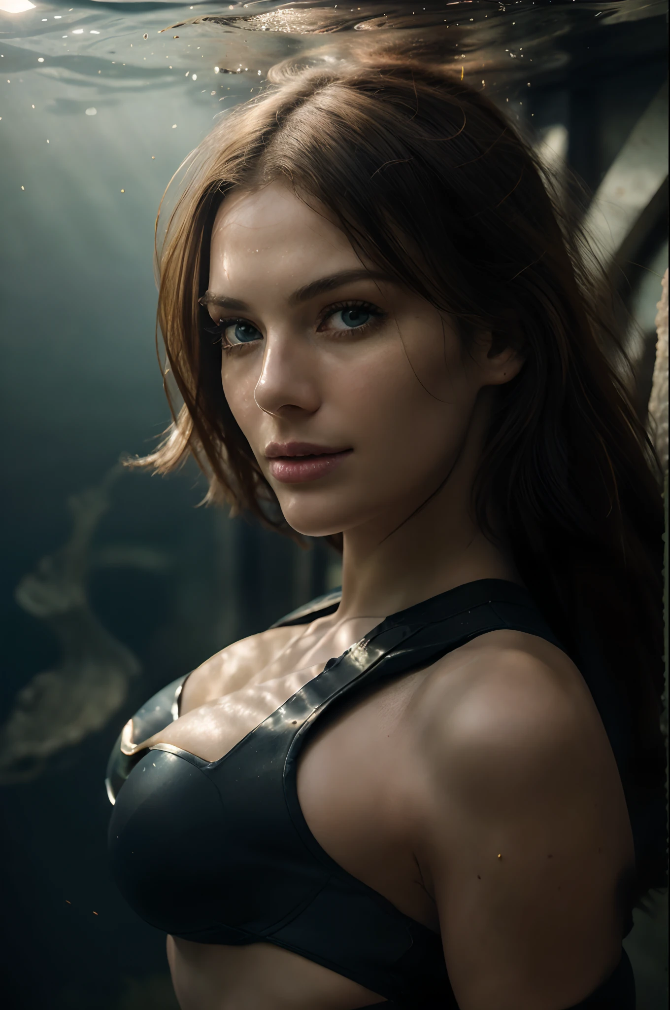 (8k, ARTISTIC photography, best quality, masterpiece: 1.2) woman in an underwater luminous spacesuit, (luminous deep sea creatures around her:1), over-detailed face, beautiful body, voluptuous body, orange hair, best quality, sunlight, detailed face, gorgeous eyes, realistic skin details, high quality, seen from below, romantic, high quality, film grain, Cinematic Light, sidelighting, sharp focus
