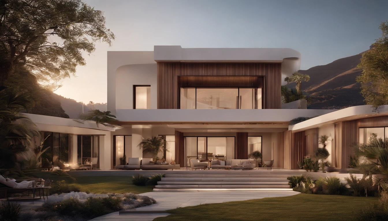 A building,3-storey villa,Large terrace,All lawns in the yard,Pomegranate trees are planted around the wall,Hui-style architecture,Behind is the mountain,Full of wildflowers,A Mercedes in the yard,k hd,high qulity,Sony lens,Flat viewing angle,8K